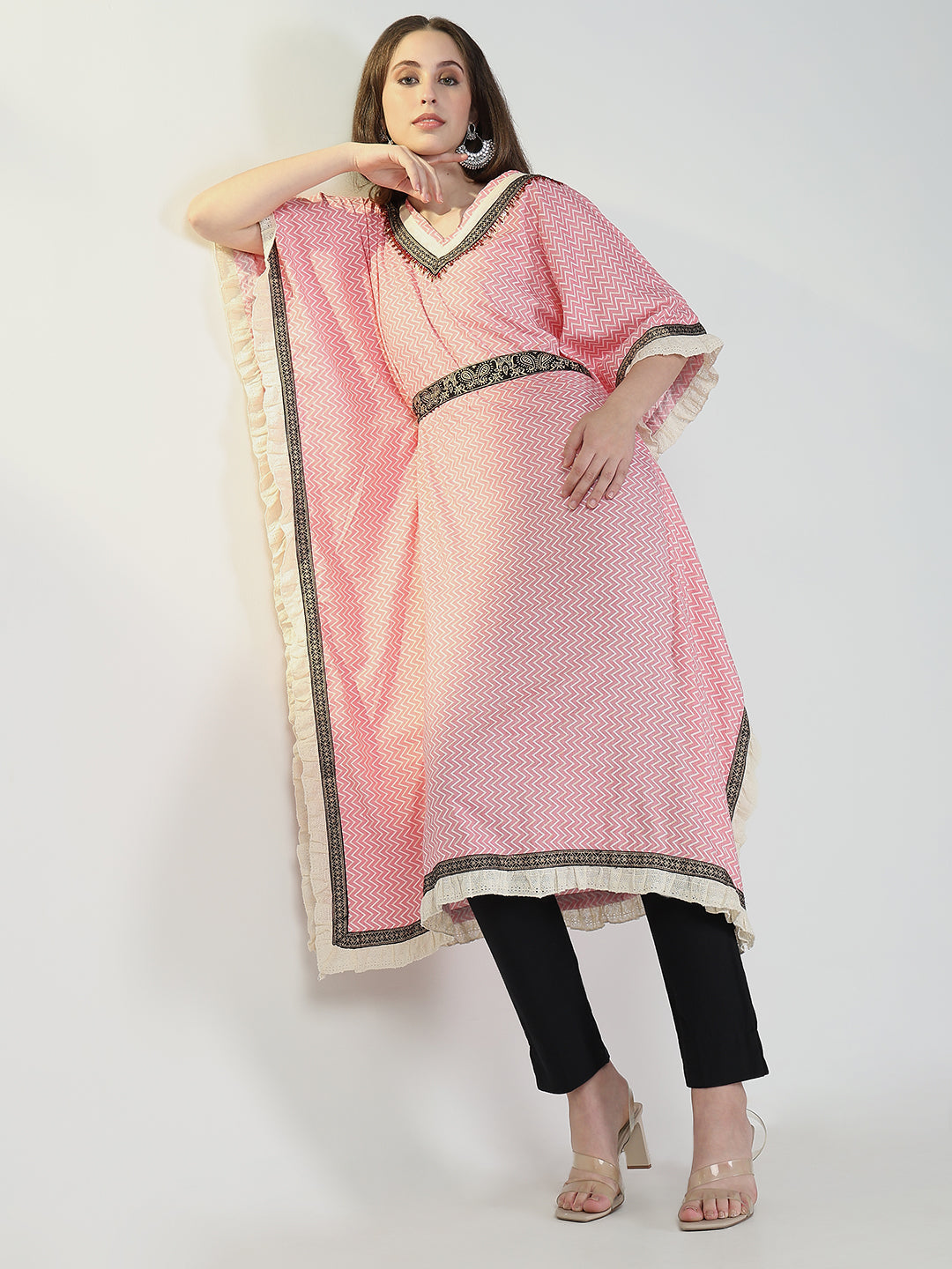 Women Pink Chevron Kaftan Kurta