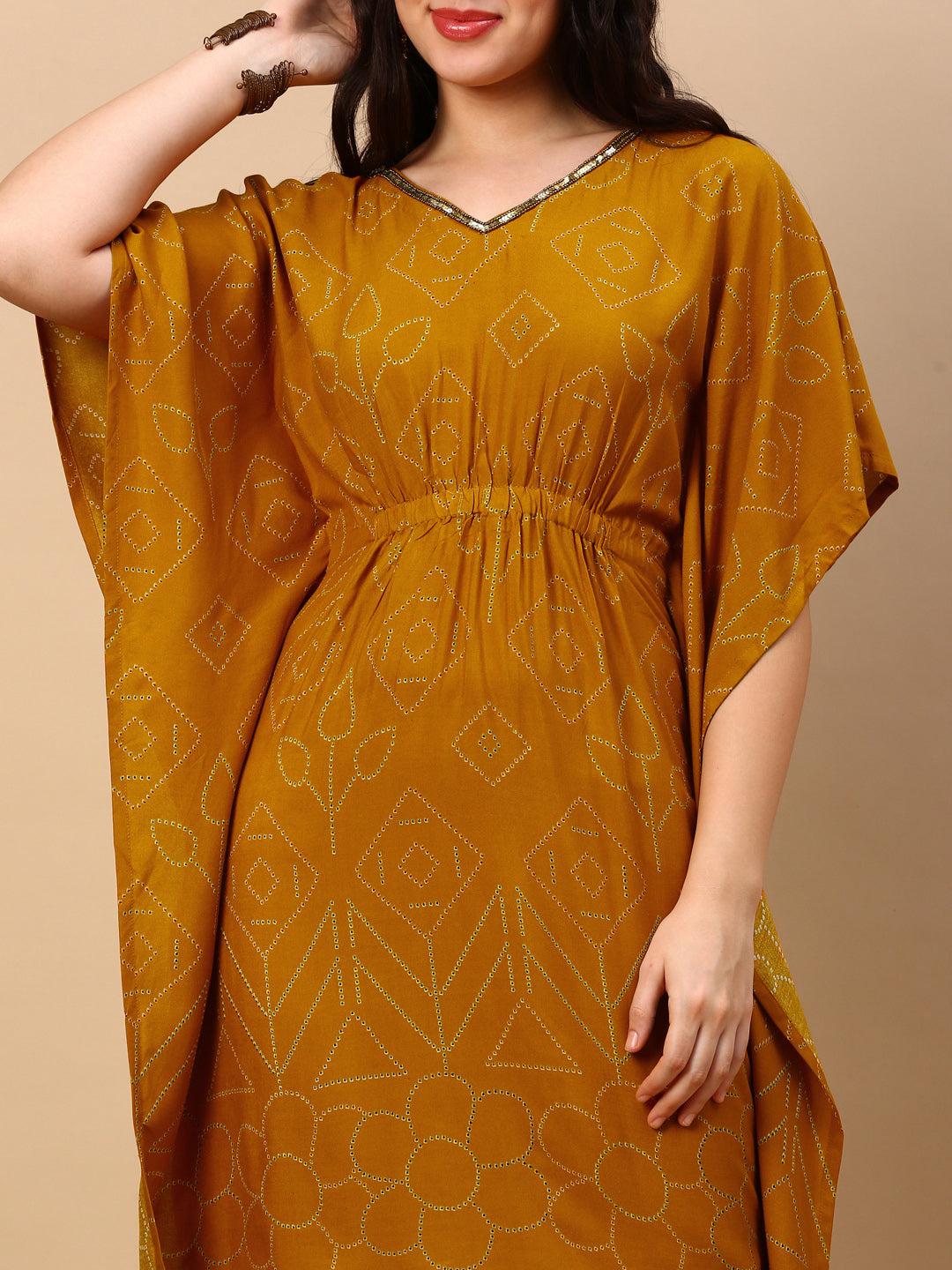 Women Mustard Graphic Kaftan Kurta