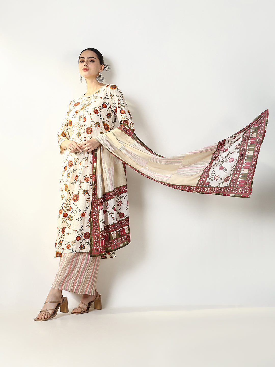 Women Floral Cream Straight Kurta Set with Dupatta