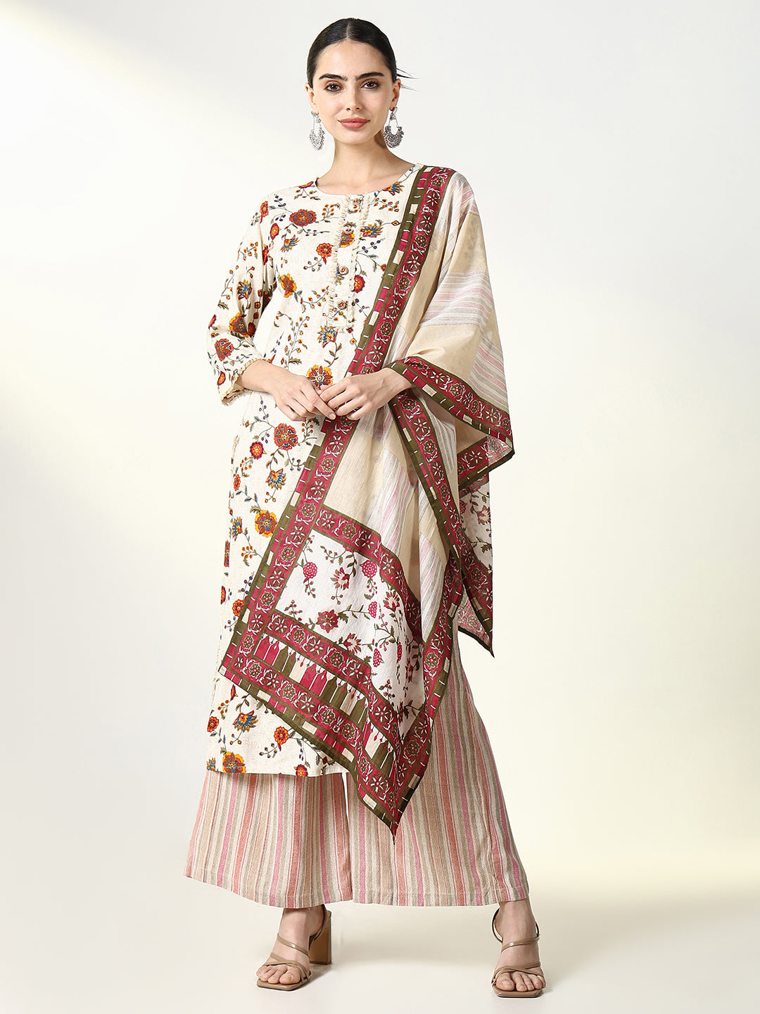 Women Floral Cream Straight Kurta Set with Dupatta