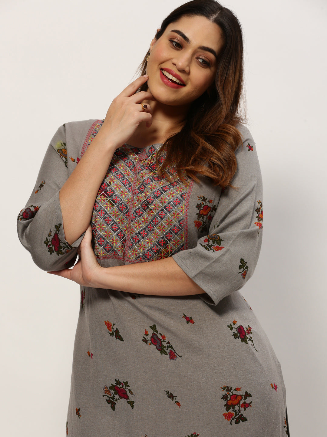 Women Straight Grey Floral Kurta