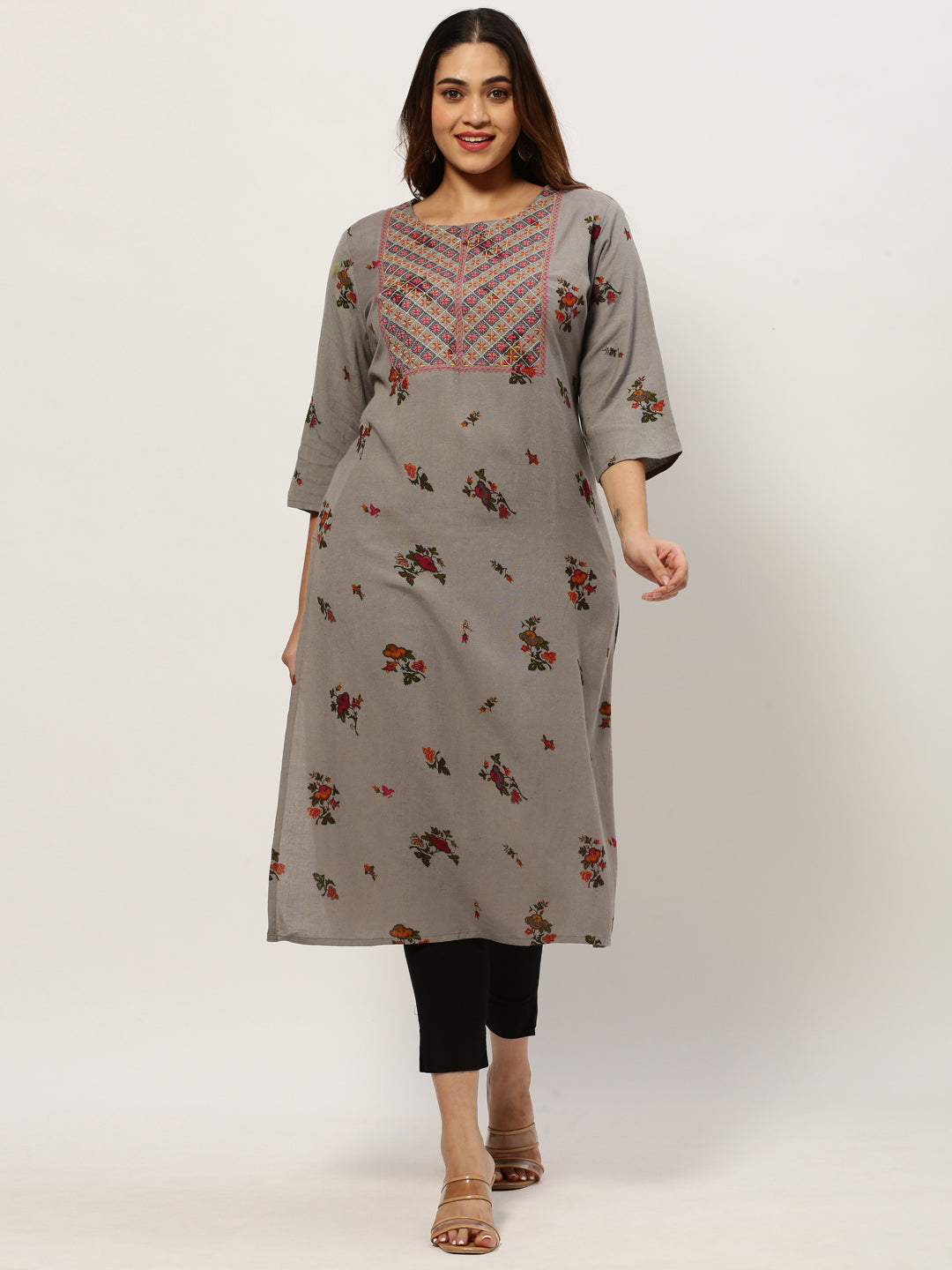 Women Straight Grey Floral Kurta