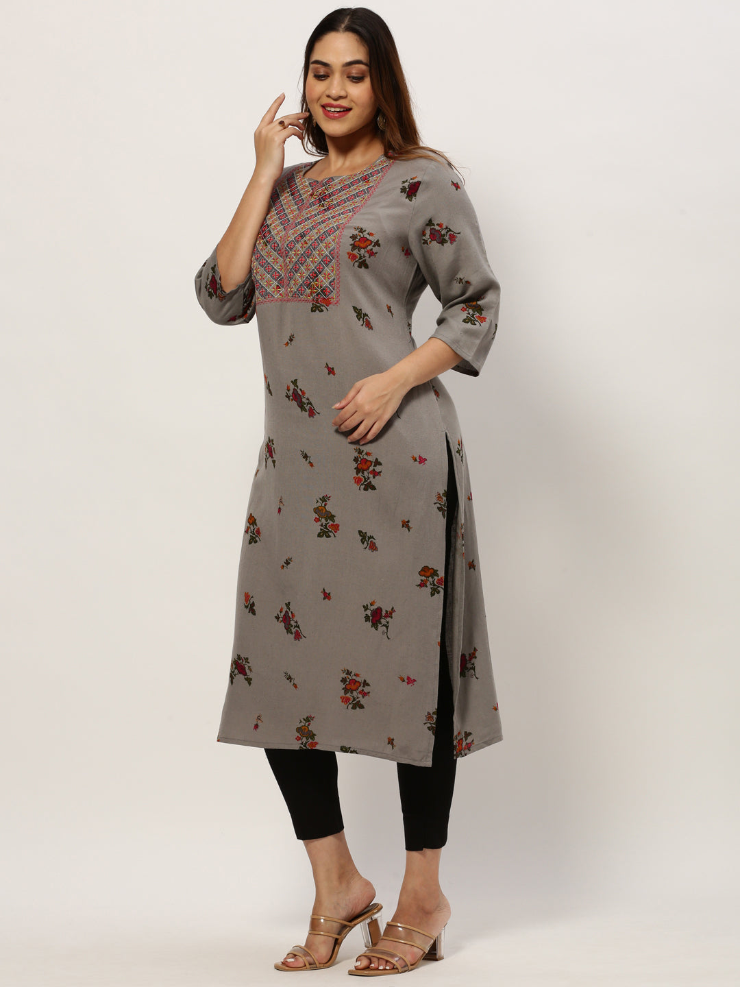 Women Straight Grey Floral Kurta