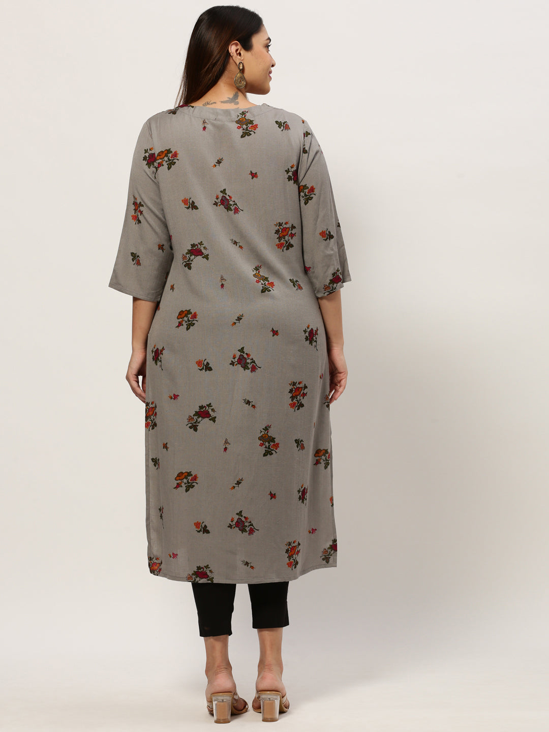 Women Straight Grey Floral Kurta