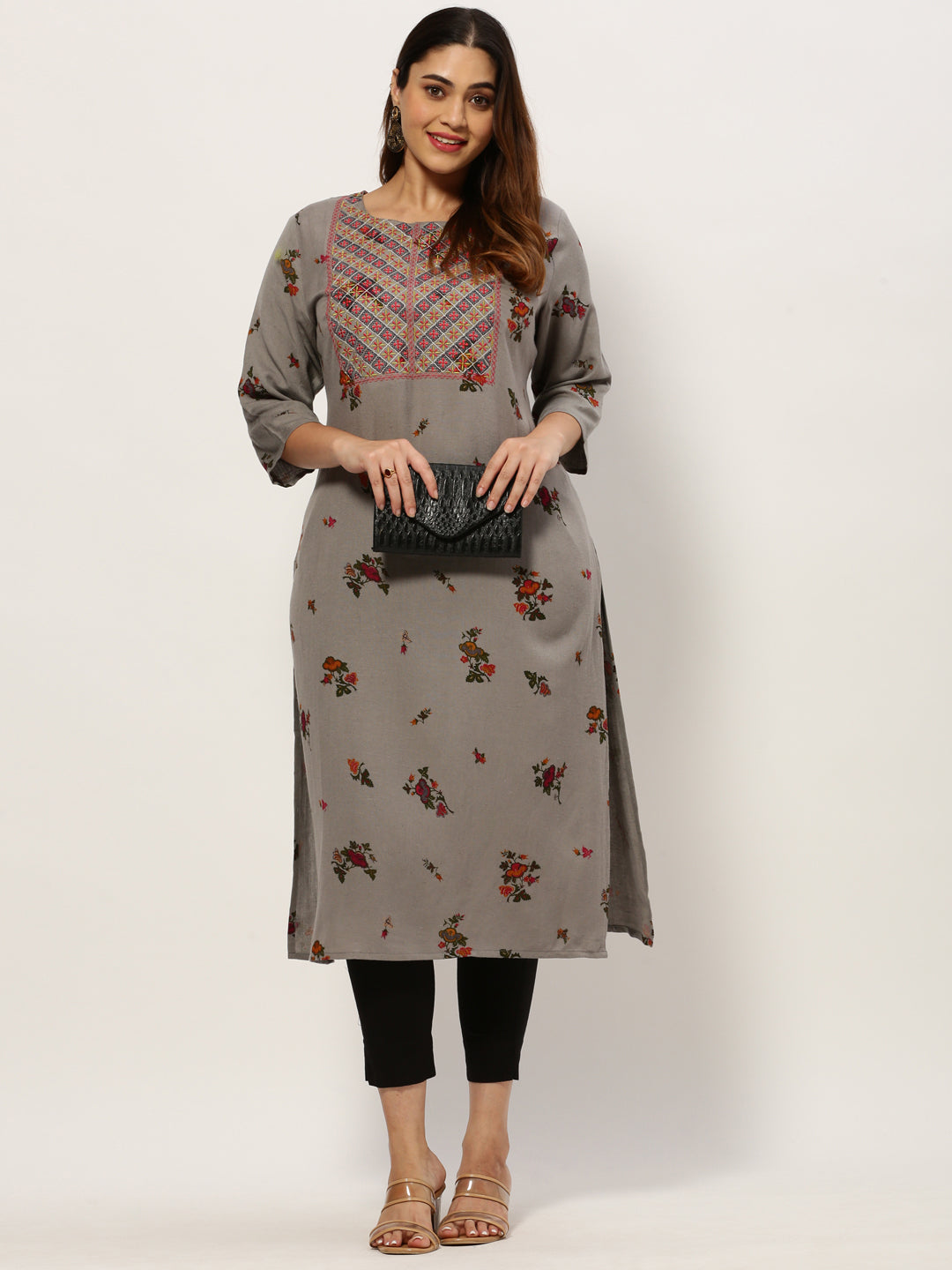 Women Straight Grey Floral Kurta