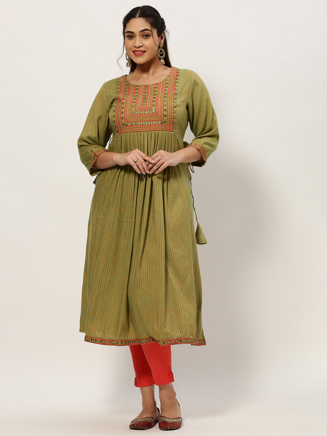 Women Straight Olive Striped Kurta