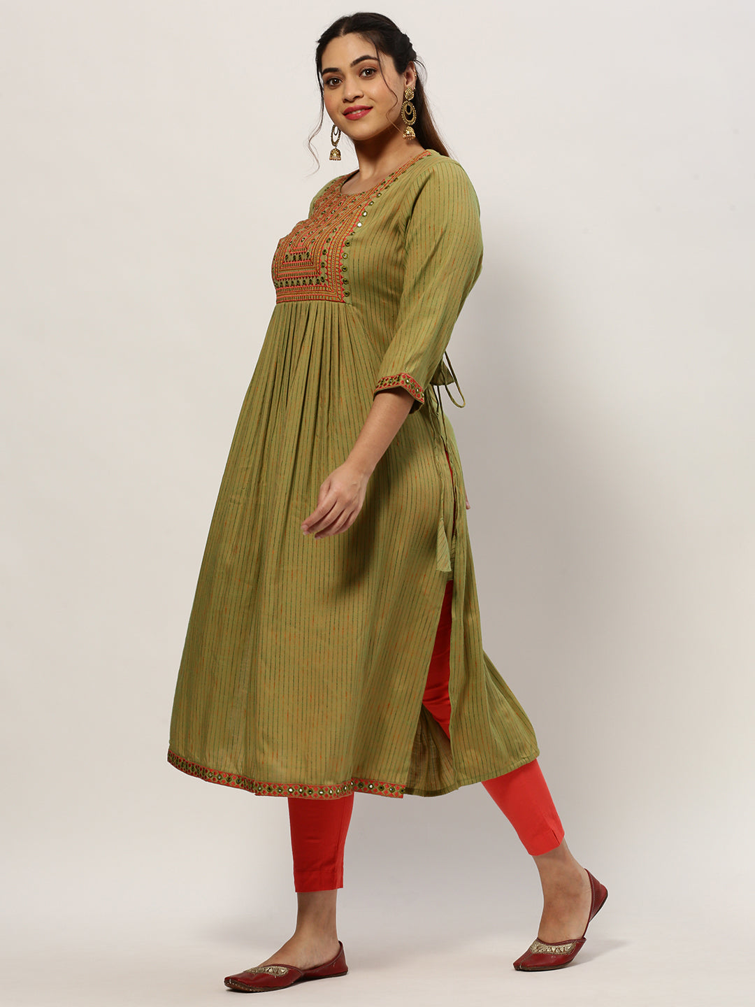 Women Straight Olive Striped Kurta