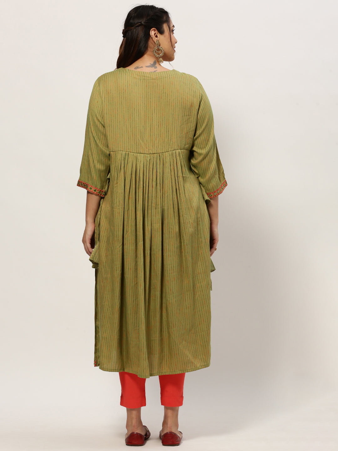 Women Straight Olive Striped Kurta