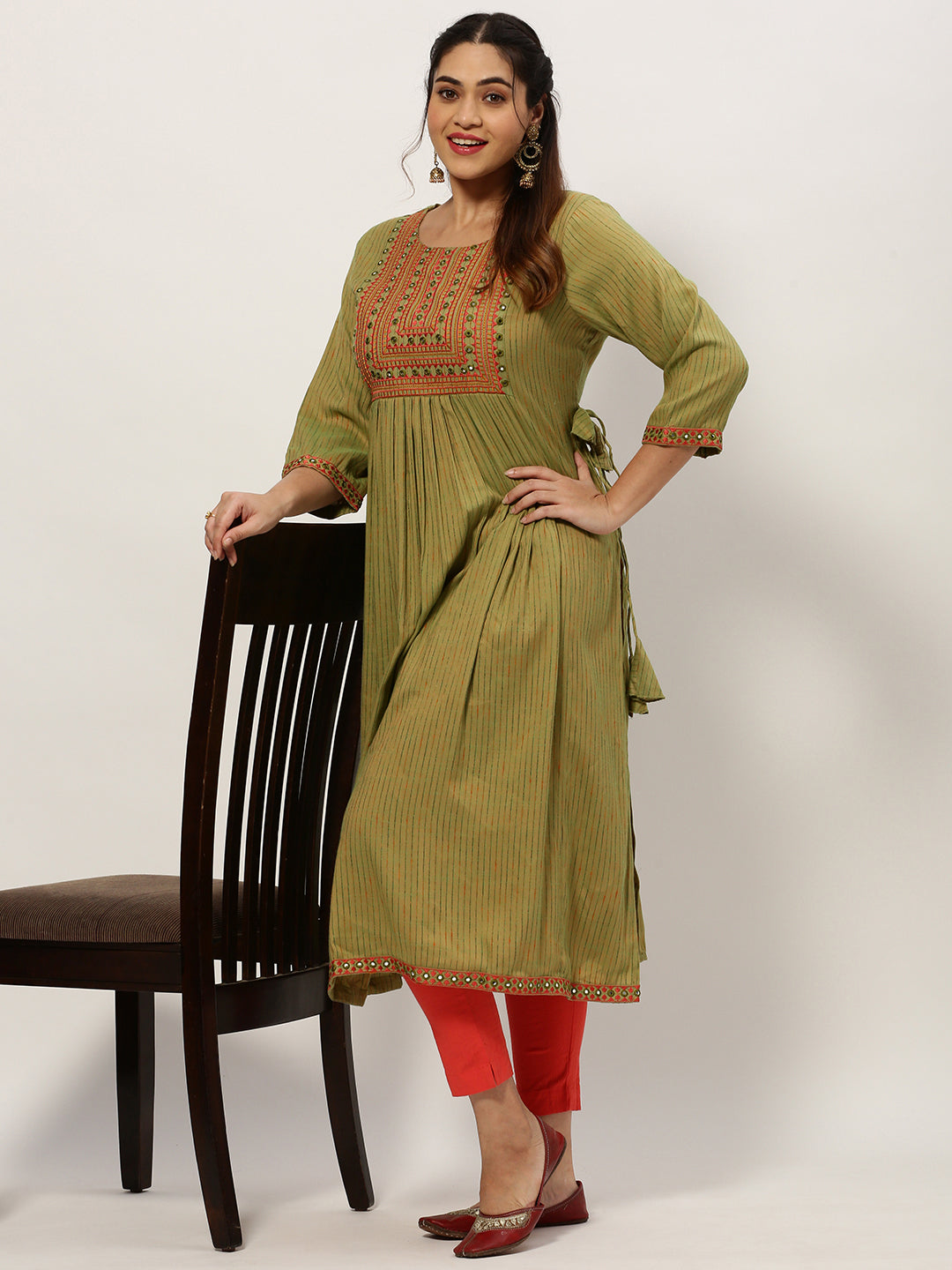 Women Straight Olive Striped Kurta