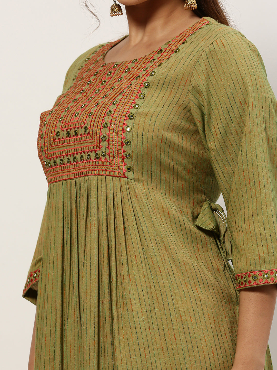 Women Straight Olive Striped Kurta