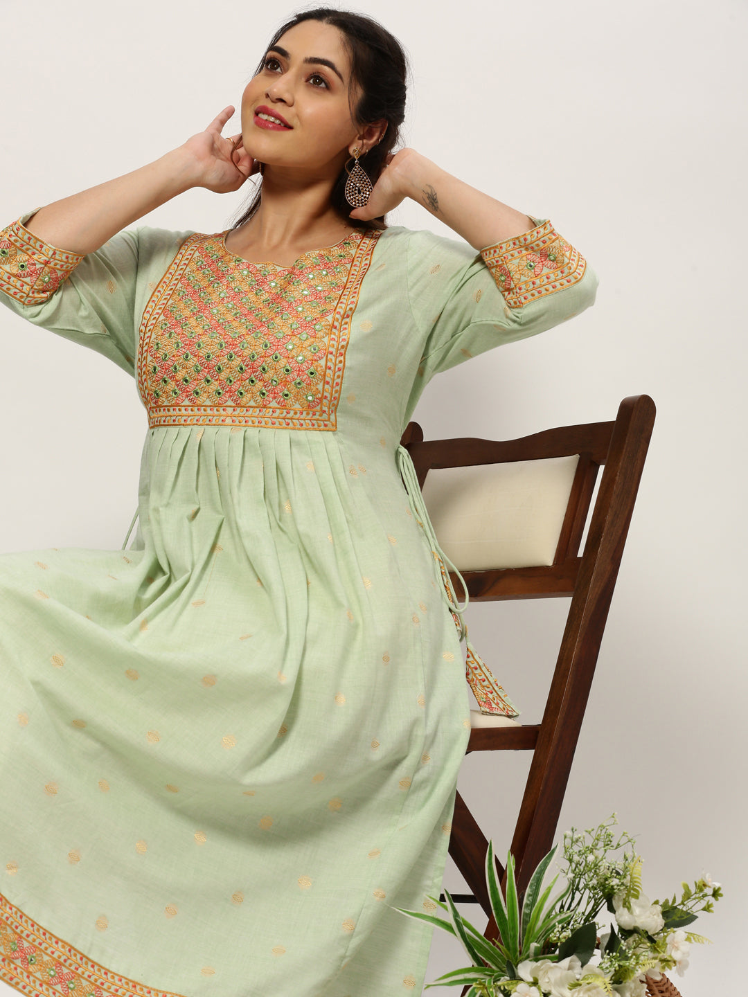 Women Straight Sea Green Geometric Kurta