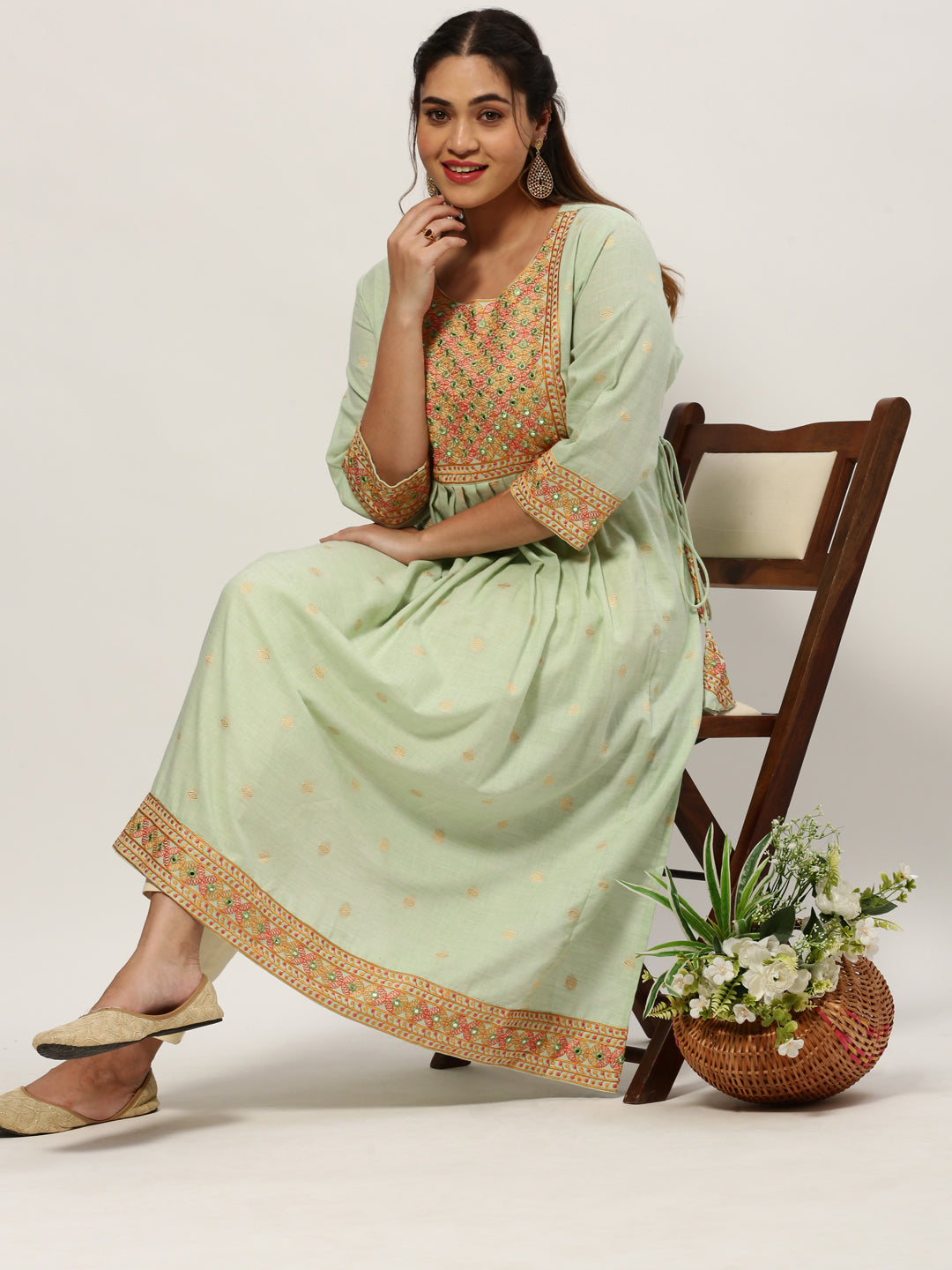 Women Straight Sea Green Geometric Kurta