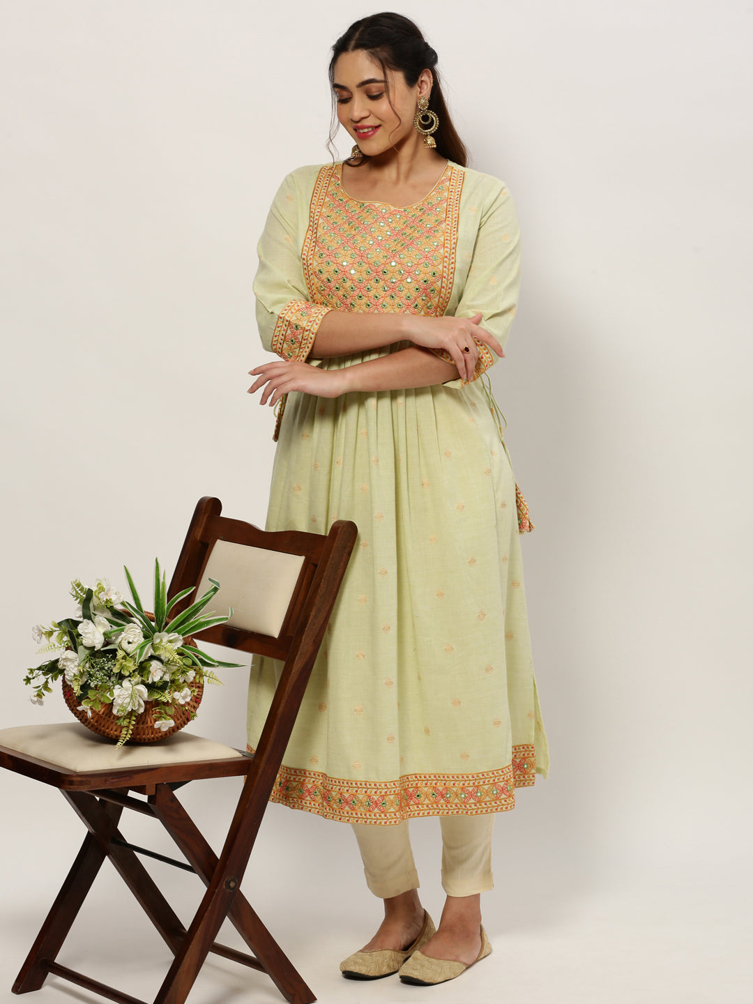 Women Straight Sea Green Geometric Kurta