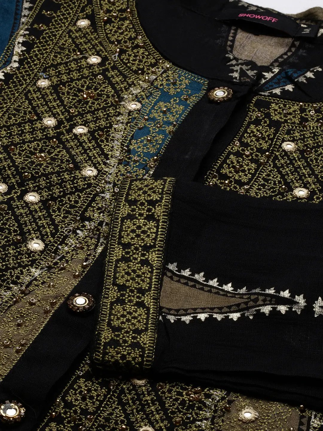 Women's Geometric Black Straight Kurta Set with Dupatta