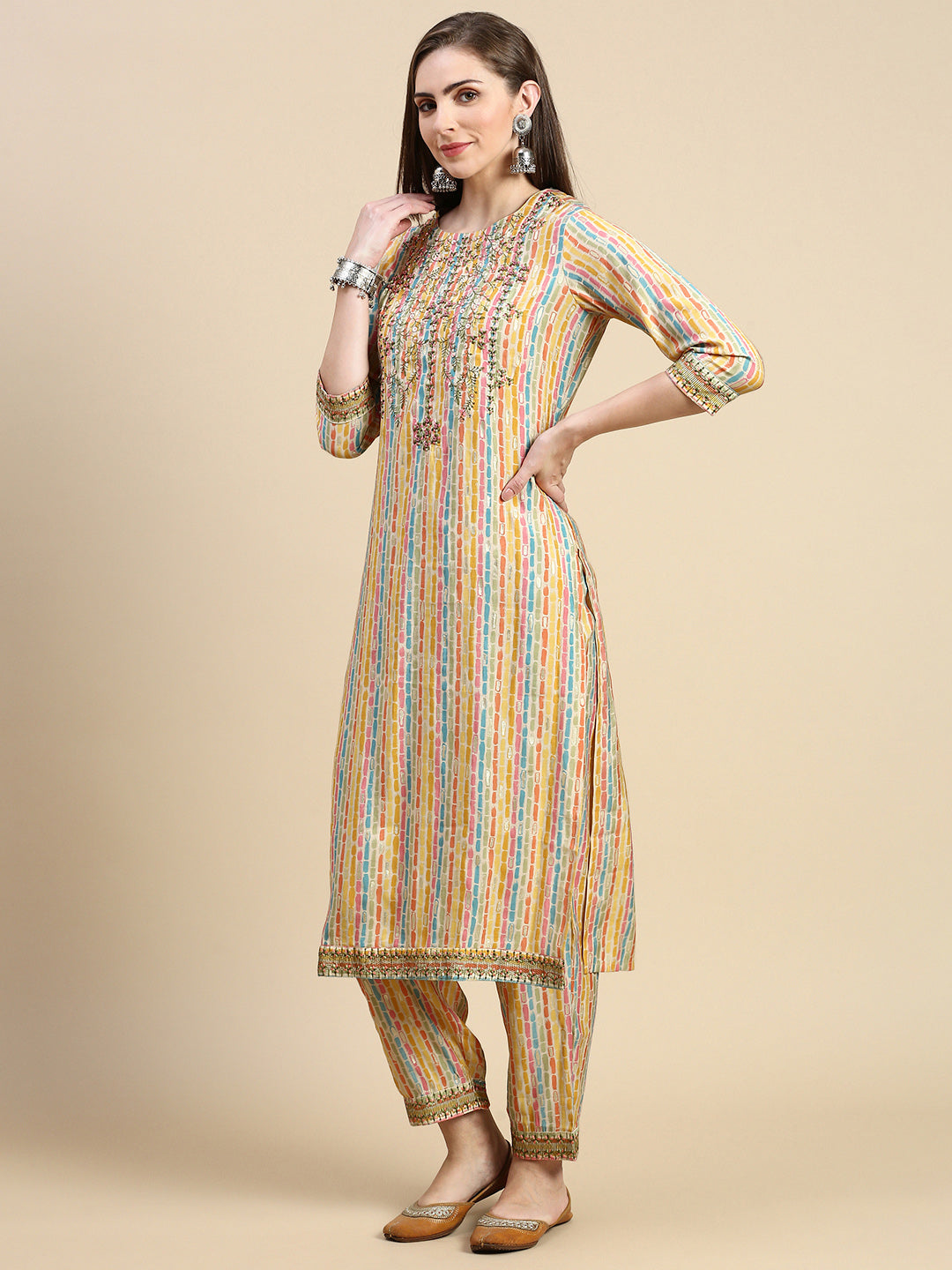 Women Abstract Yellow Straight Kurta Set