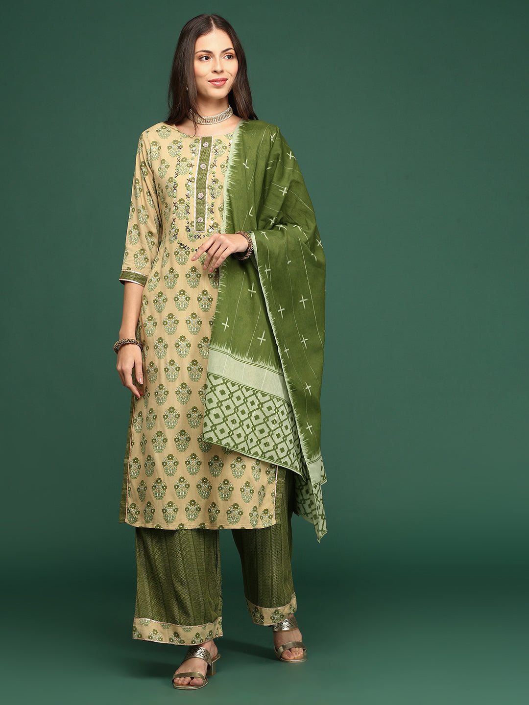 Women Floral Green Straight Kurta Set with Dupatta