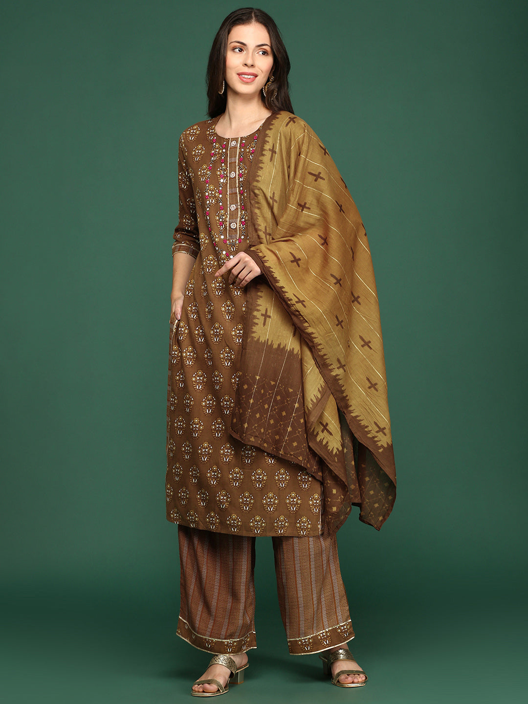 Women Floral Brown Straight Kurta Set with Dupatta