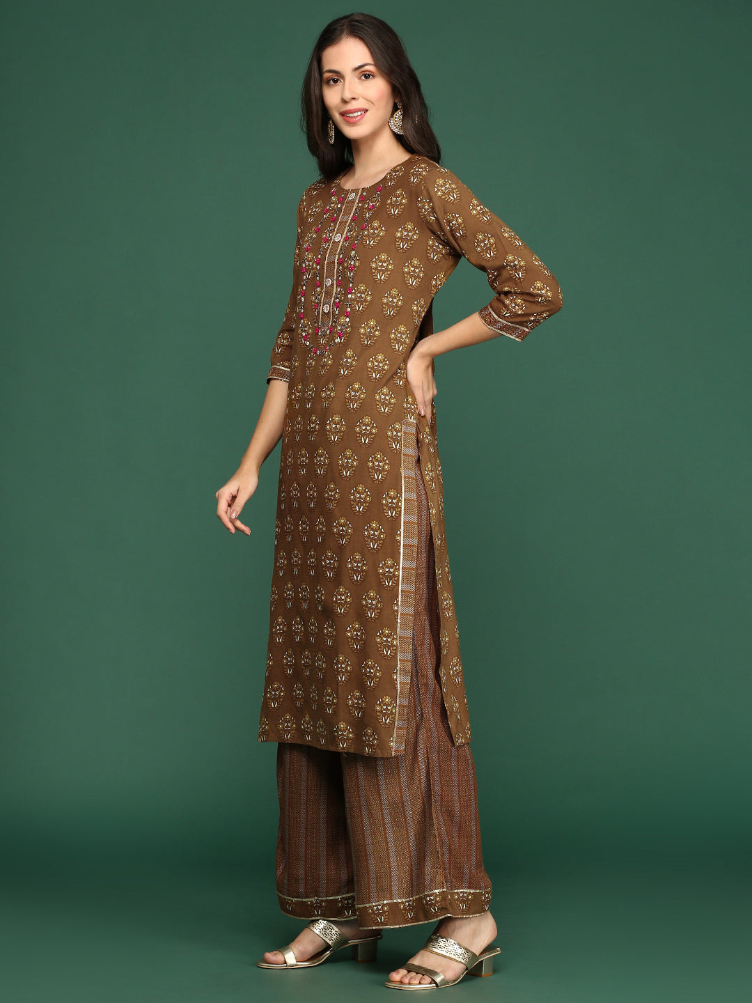 Women Floral Brown Straight Kurta Set with Dupatta