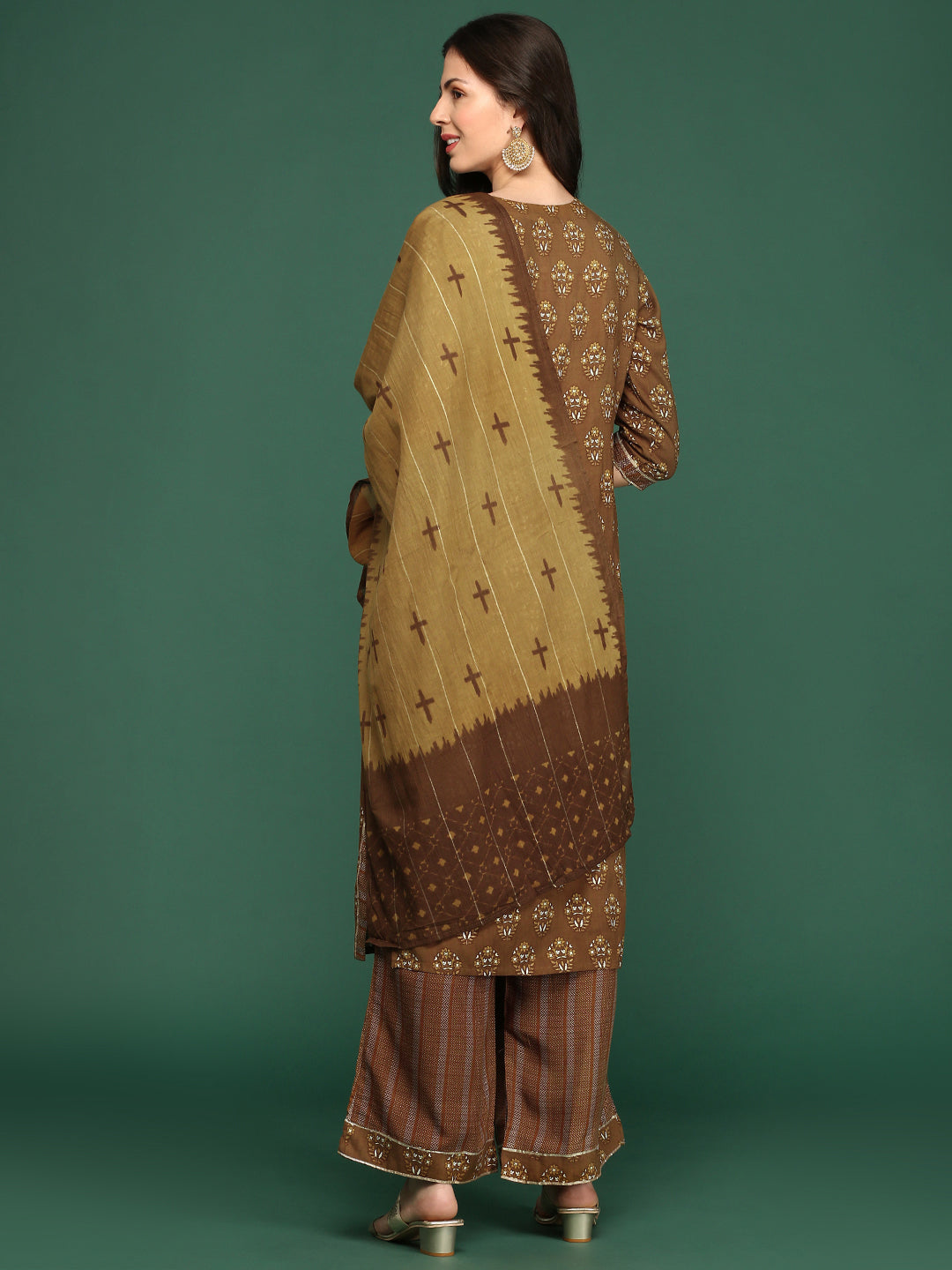 Women Floral Brown Straight Kurta Set with Dupatta