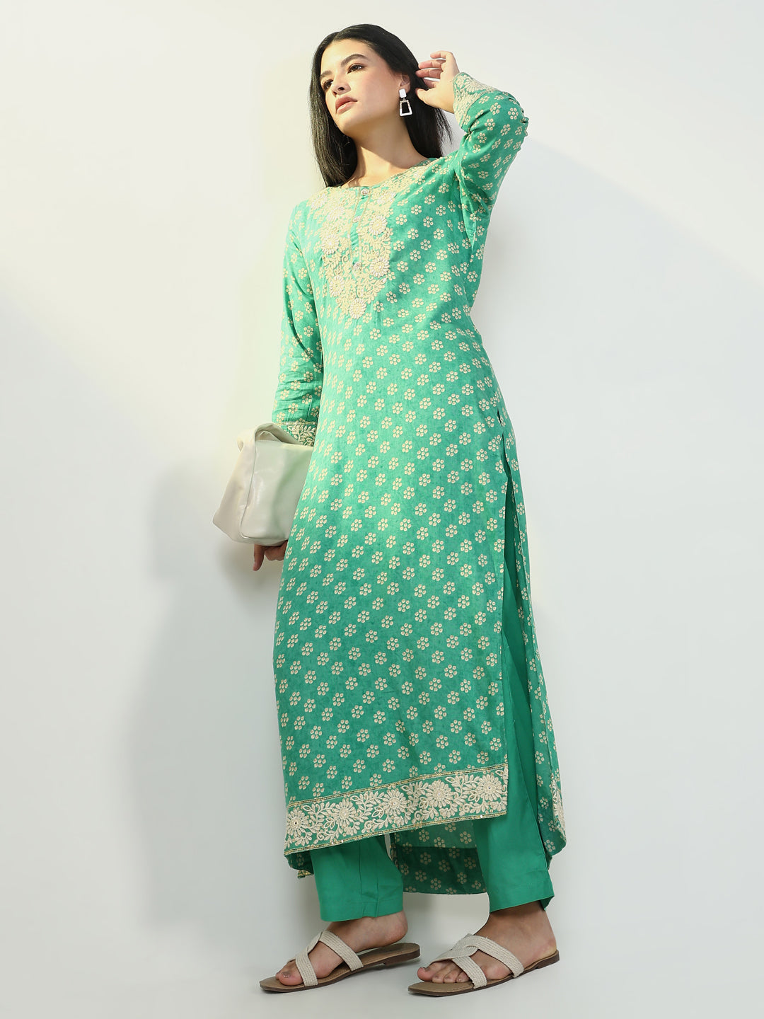 Women Bandhani Green Straight Kurta Set