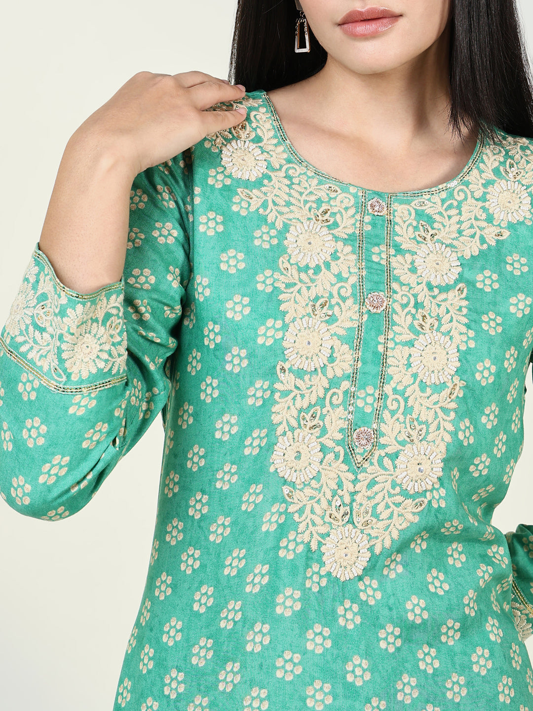 Women Bandhani Green Straight Kurta Set