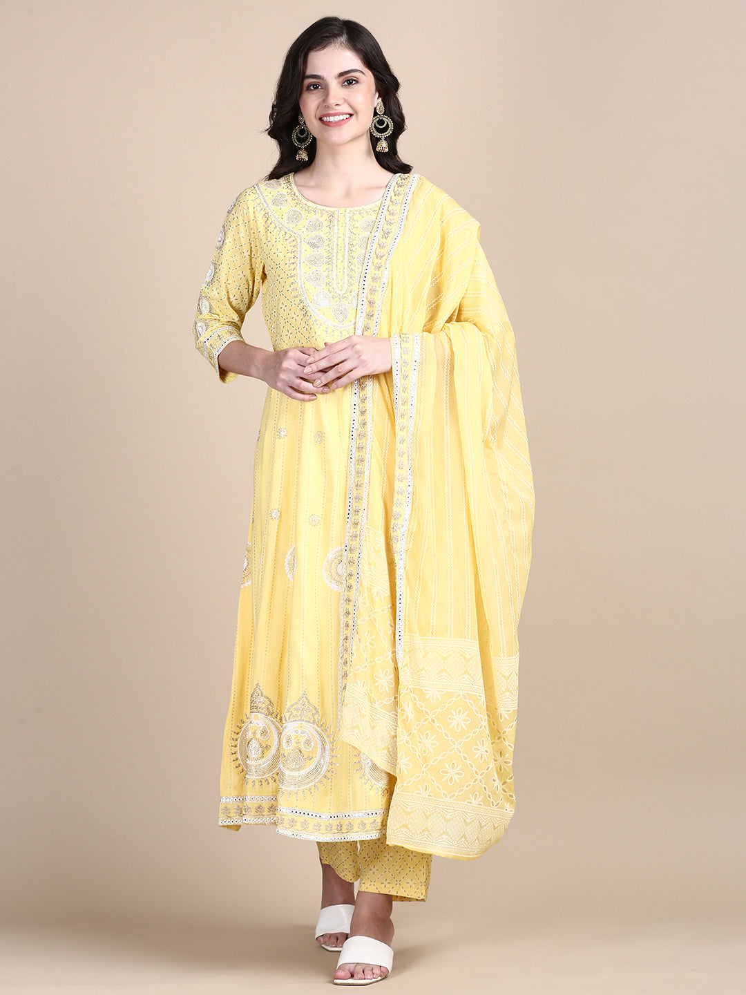 Women Ethnic Motifs Yellow Anarkali Kurta Set with Dupatta and Potli Bag