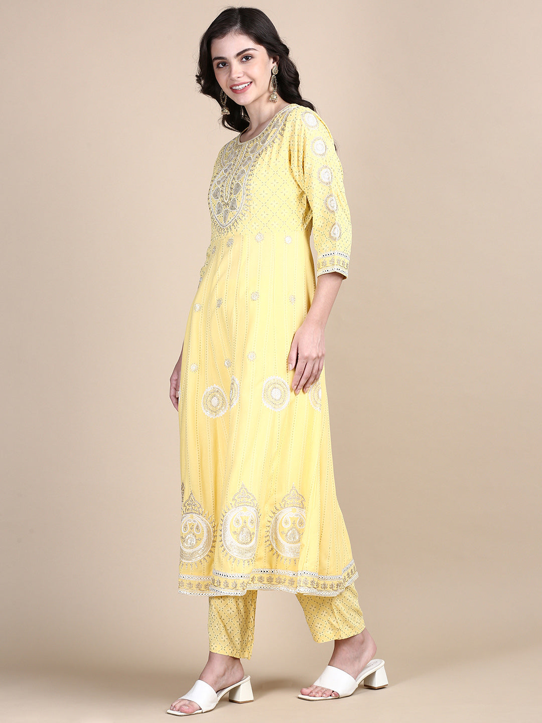 Women Ethnic Motifs Yellow Anarkali Kurta Set with Dupatta and Potli Bag