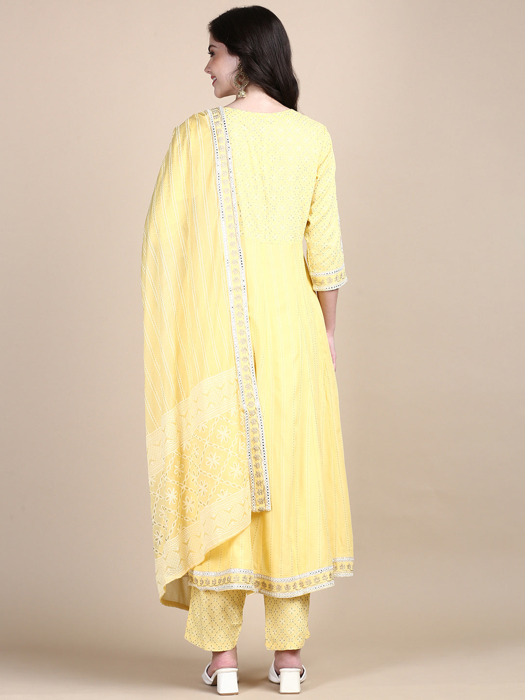 Women Ethnic Motifs Yellow Anarkali Kurta Set with Dupatta and Potli Bag