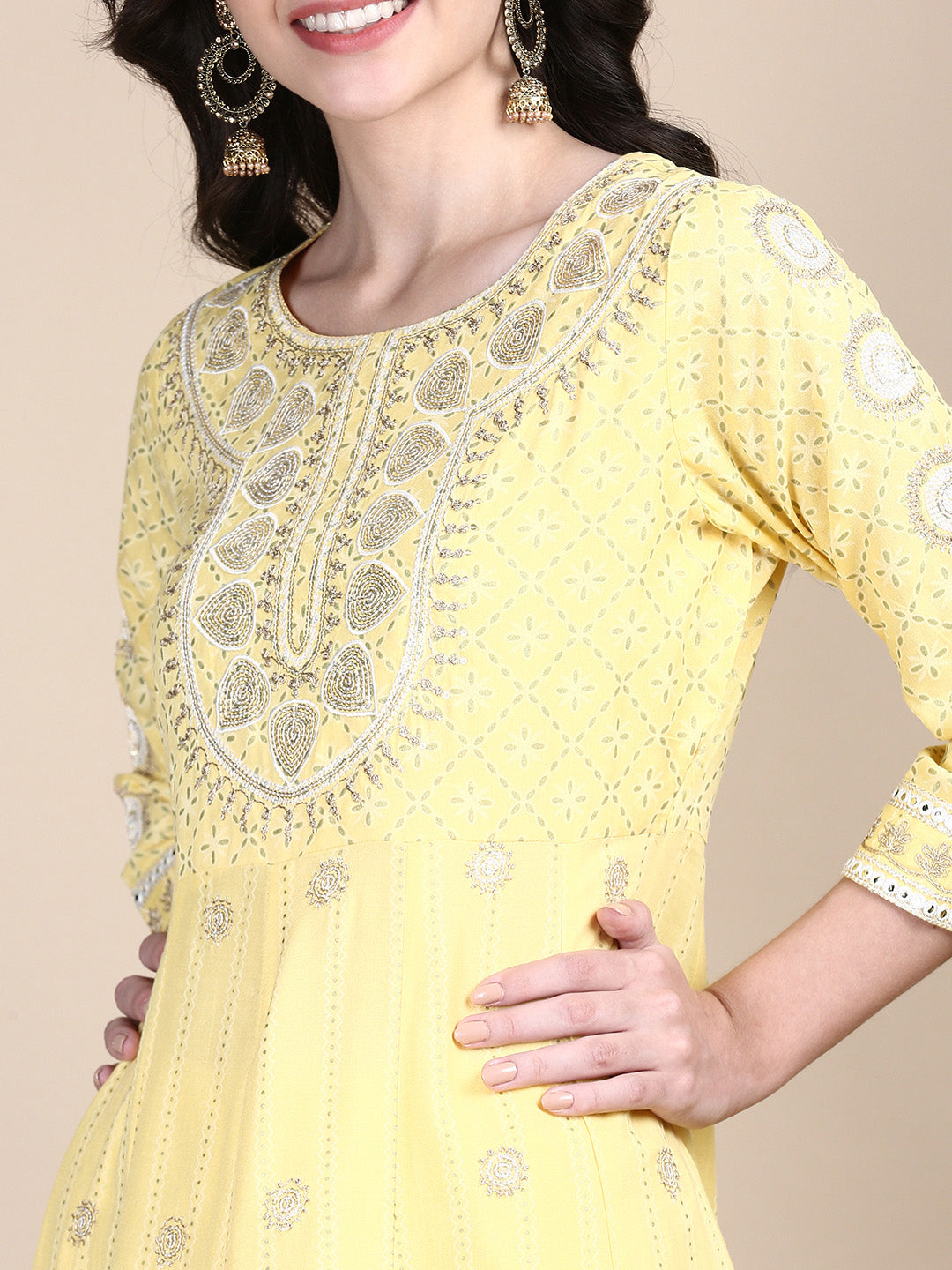 Women Ethnic Motifs Yellow Anarkali Kurta Set with Dupatta and Potli Bag