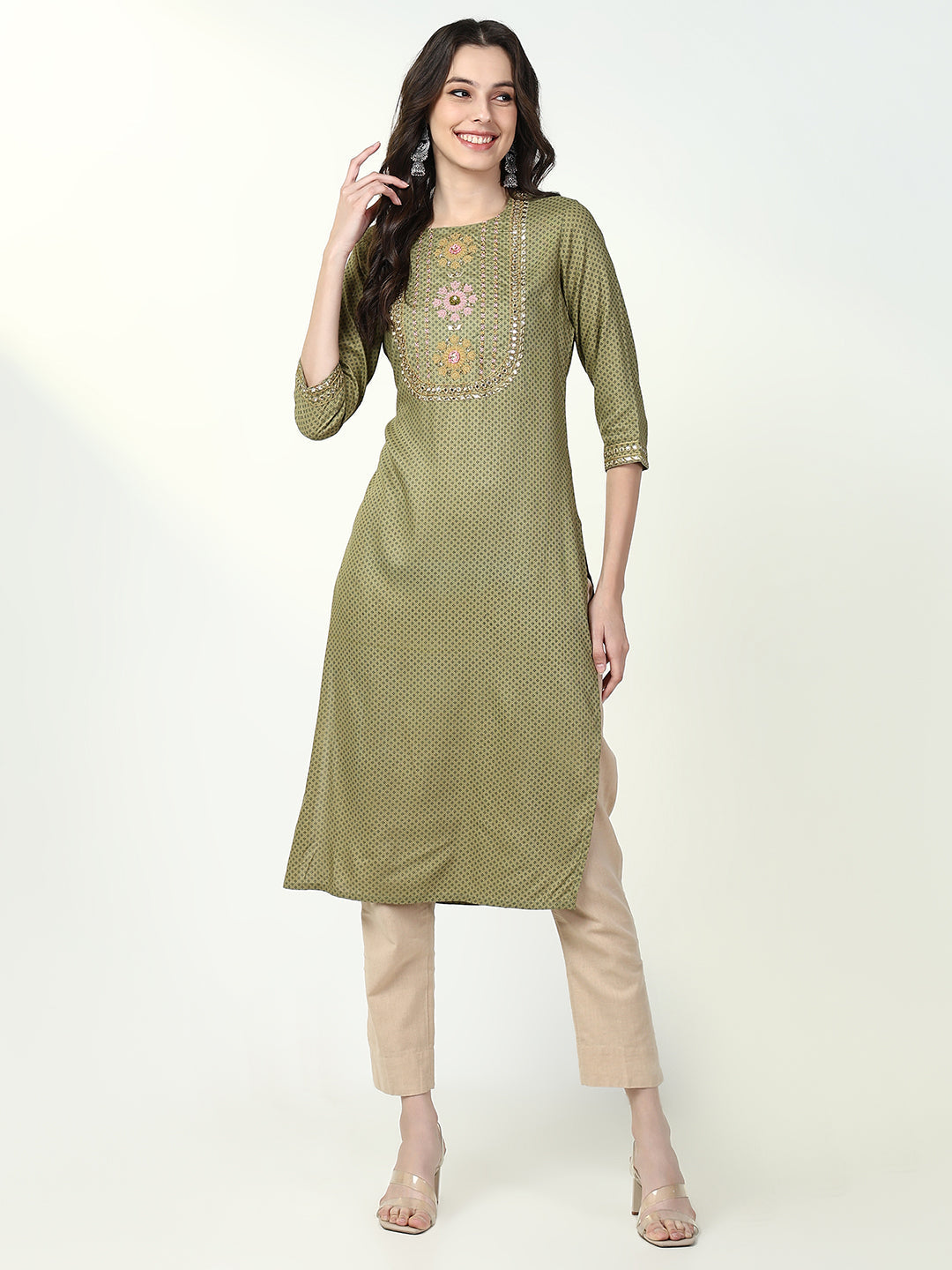 Women Green Graphic Straight Kurta