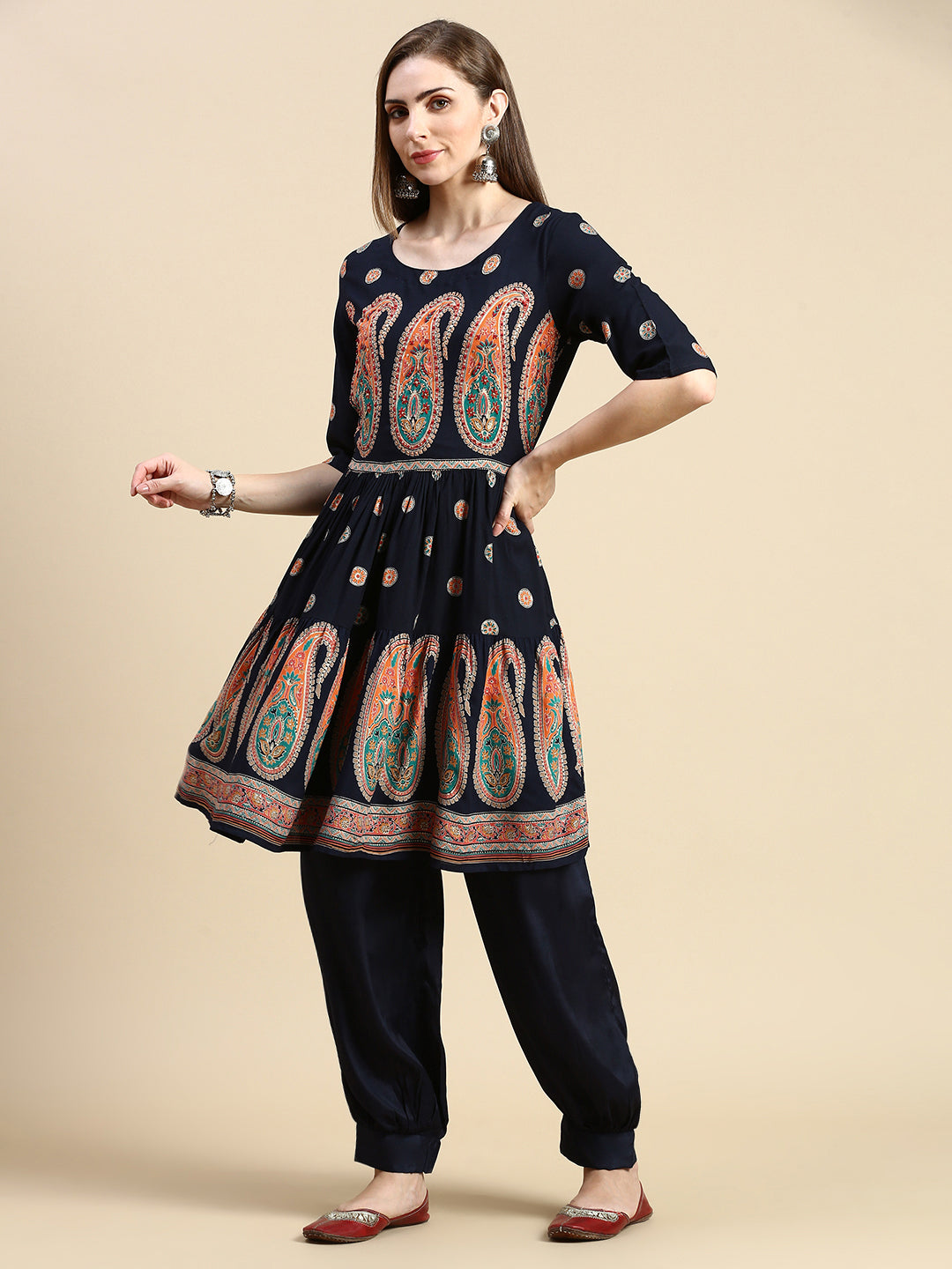 Women Paisley Navy Blue Anarkali Kurti