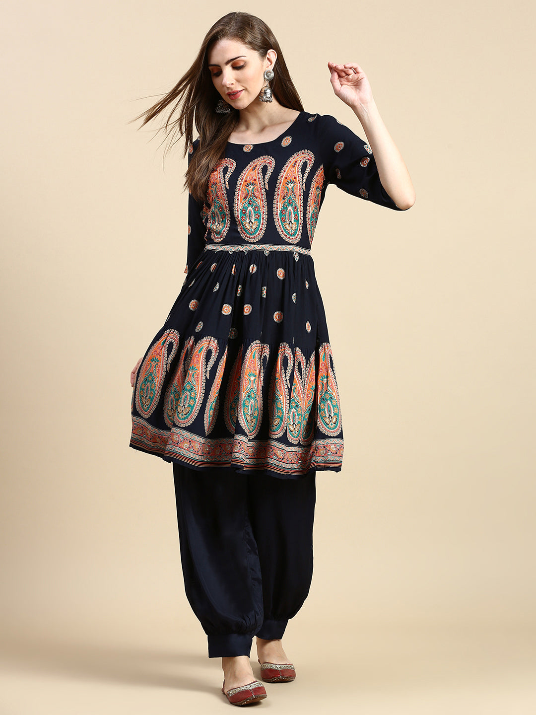 Women Paisley Navy Blue Anarkali Kurti