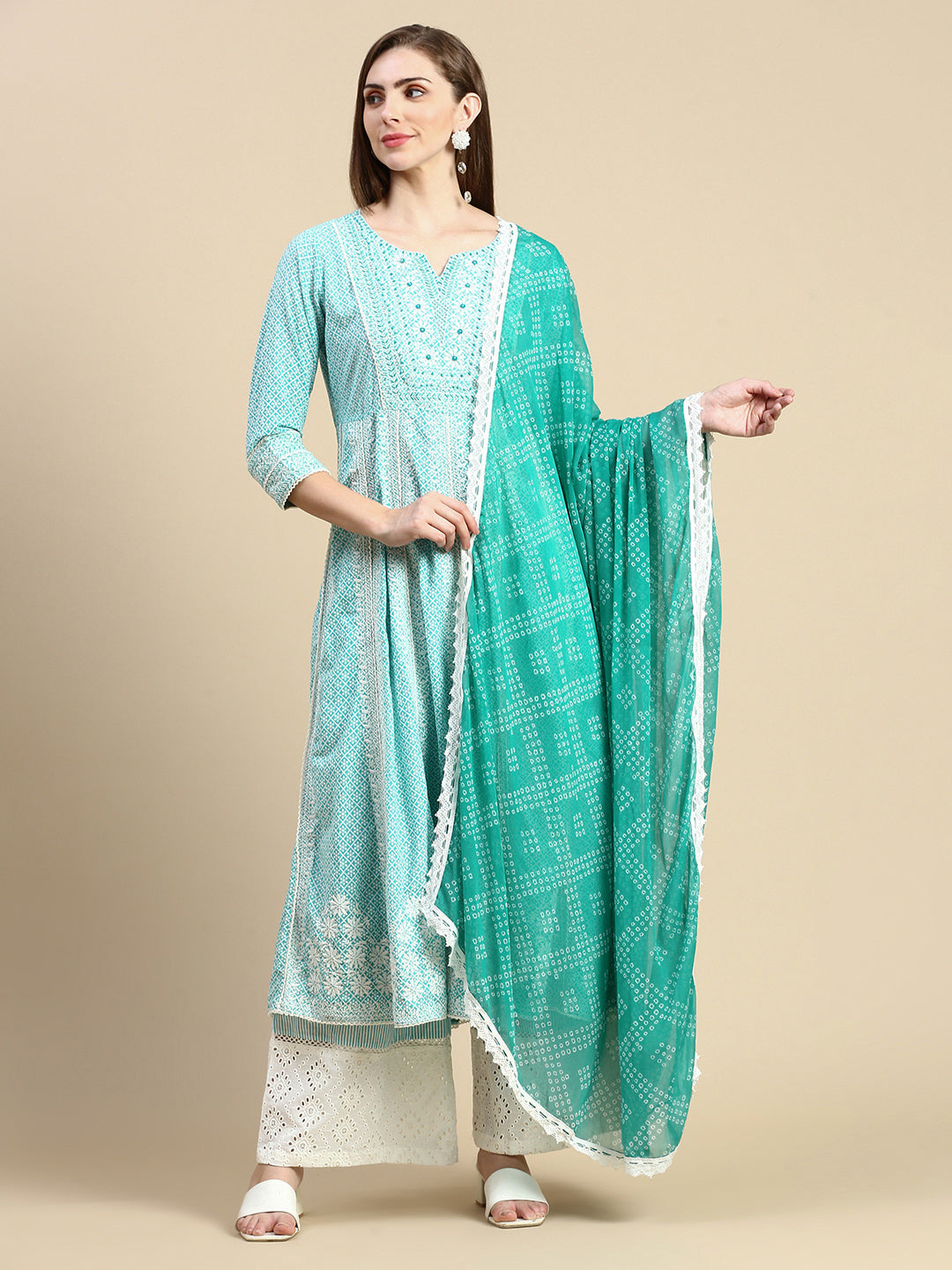 Women Floral Turquoise Blue Anarkali Kurta Set with Dupatta