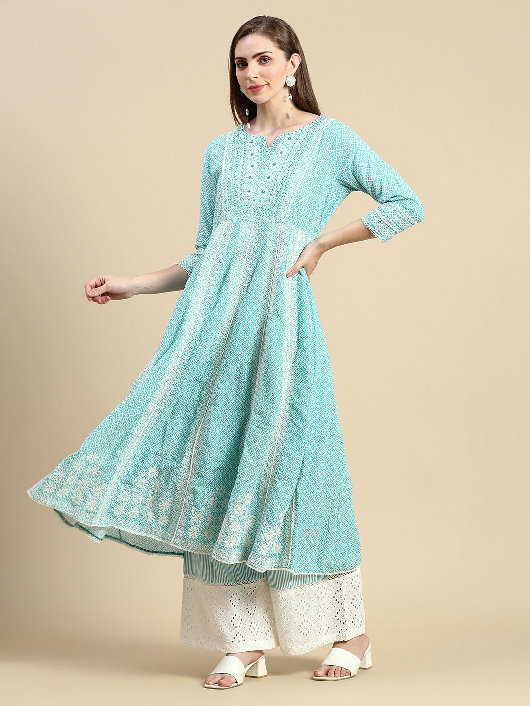 Women Floral Turquoise Blue Anarkali Kurta Set with Dupatta