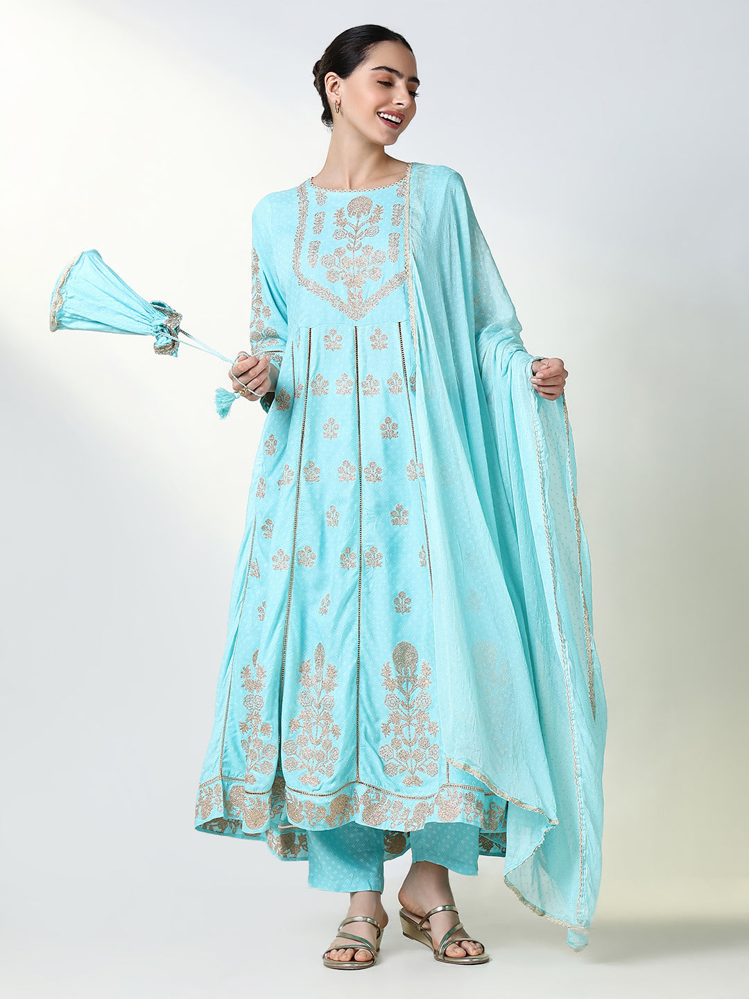 Women Floral Blue A Line Kurta Set with Dupatta