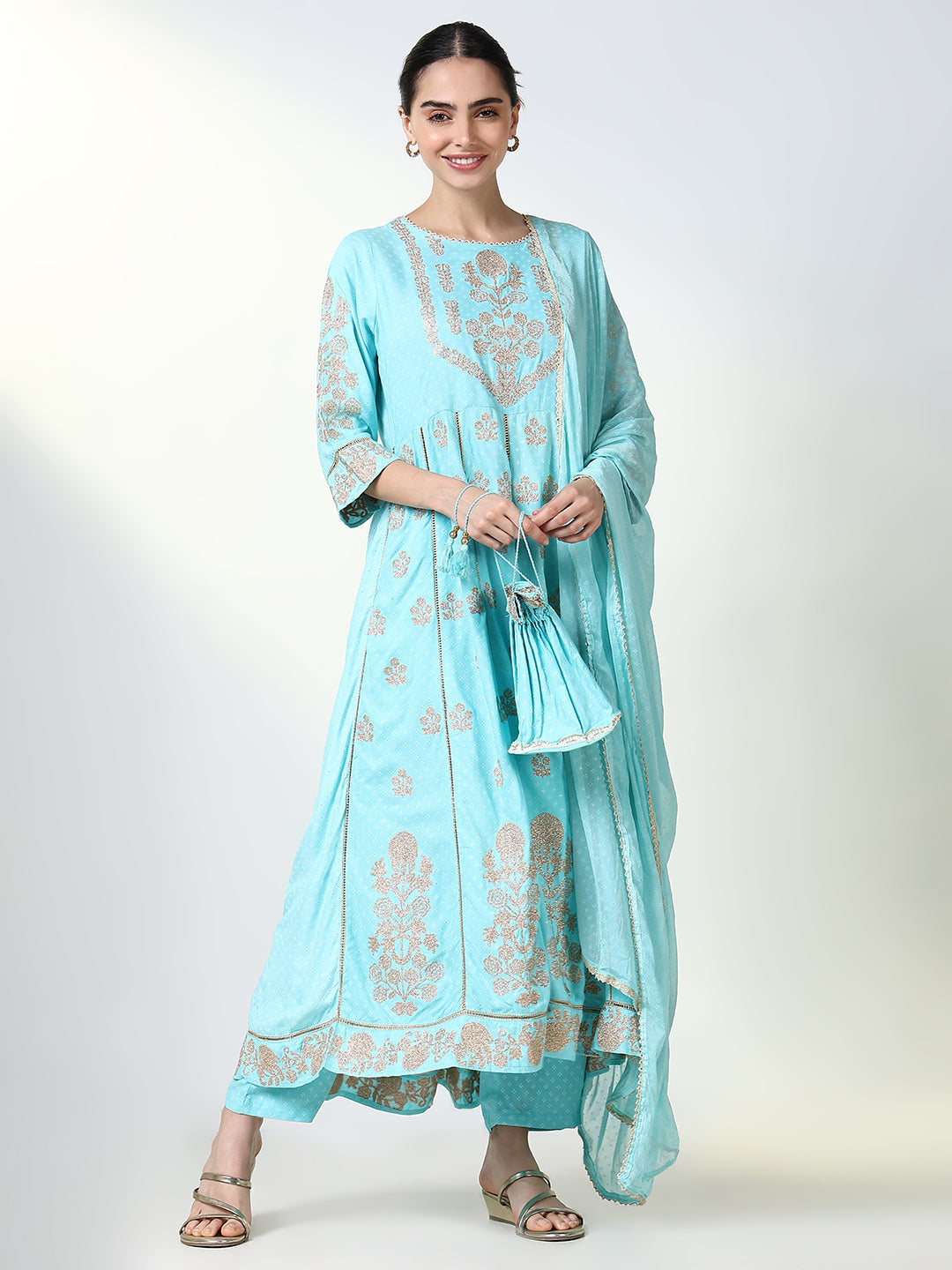 Women Floral Blue A Line Kurta Set with Dupatta