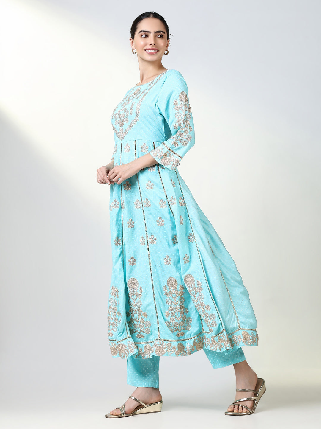 Women Floral Blue A Line Kurta Set with Dupatta