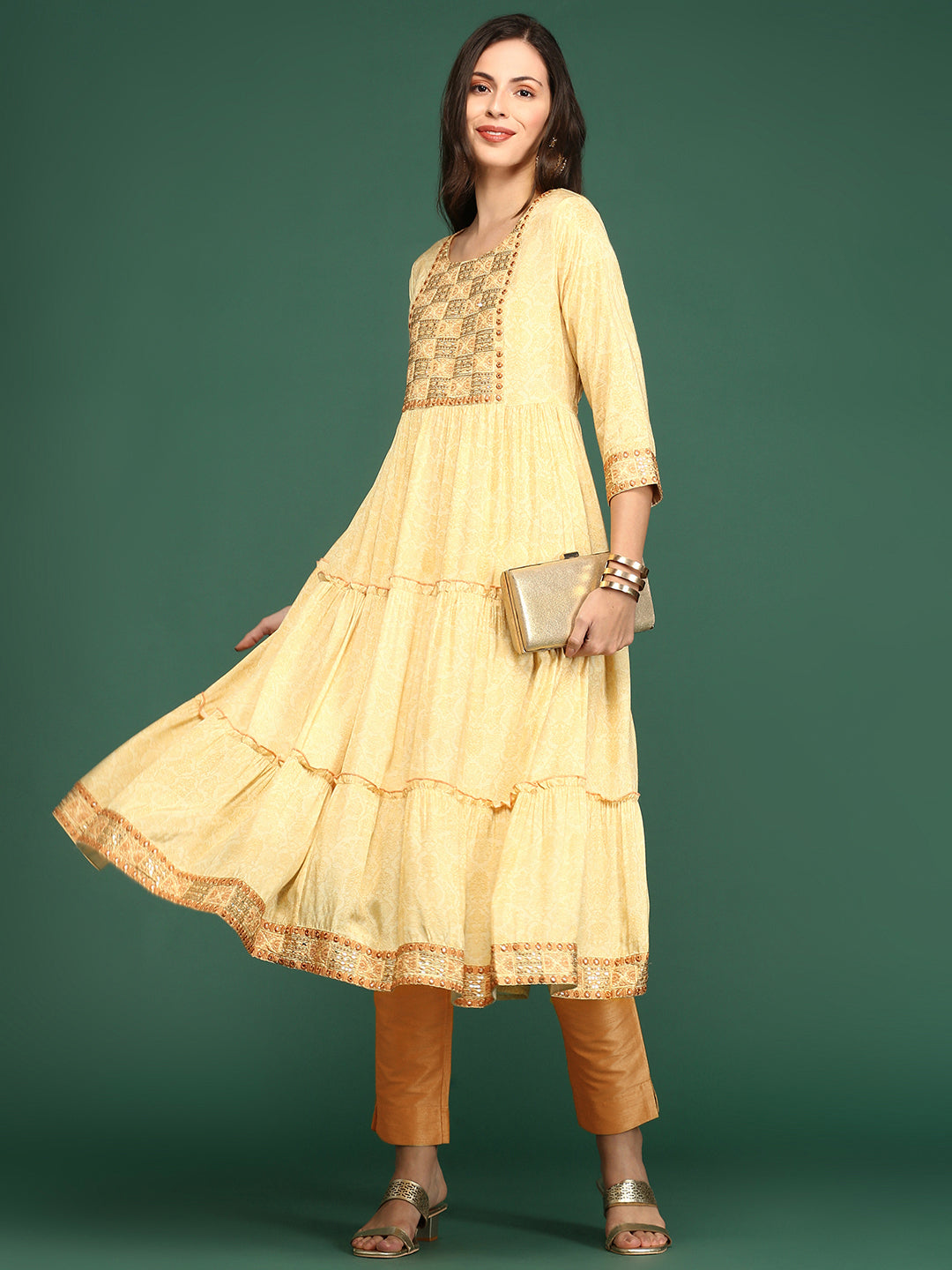 Women's Yellow Printed Anarkali Kurta