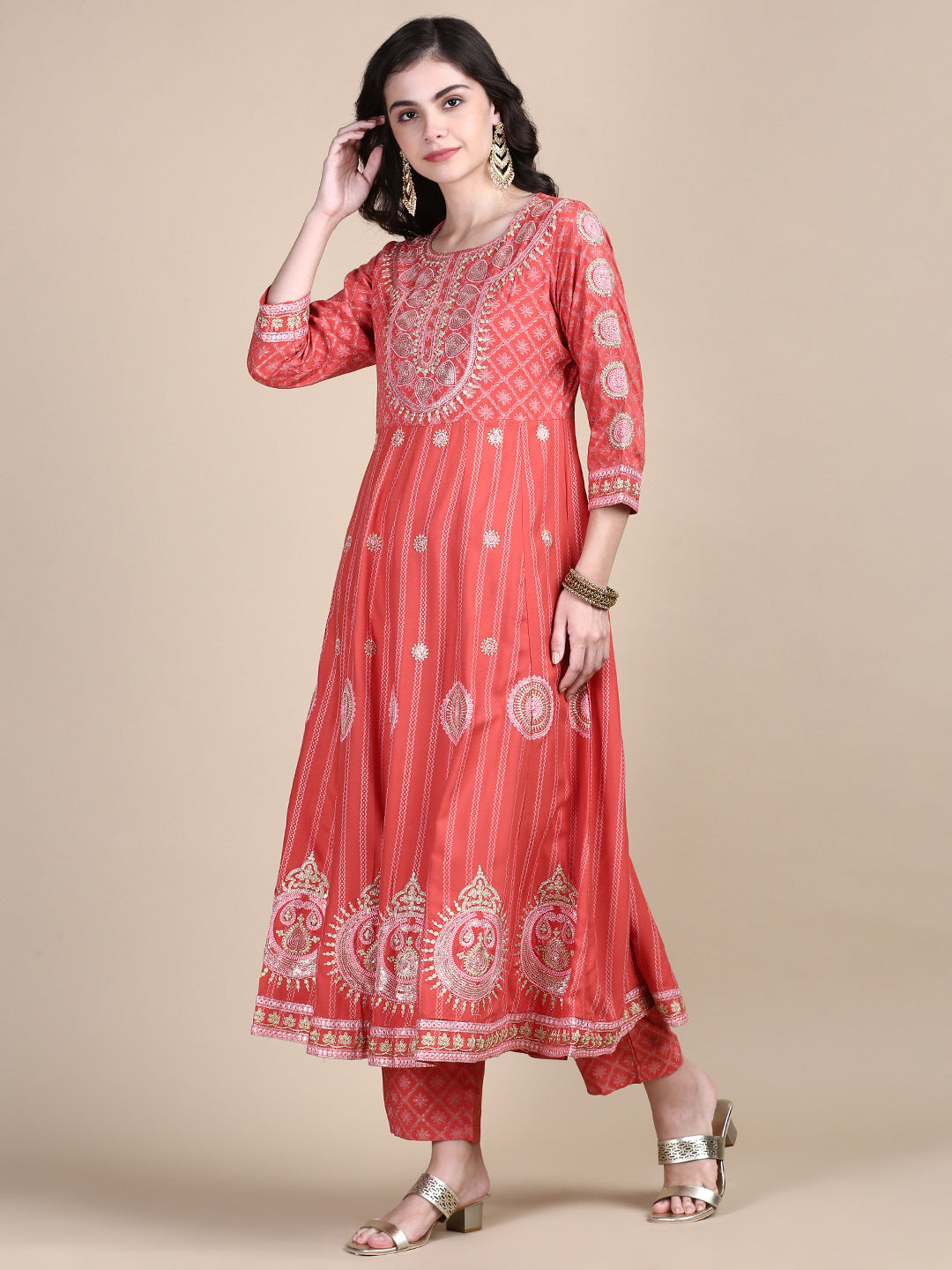 Women Ethnic Motifs Coral Anarkali Kurta Set with Dupatta and Potli Bag