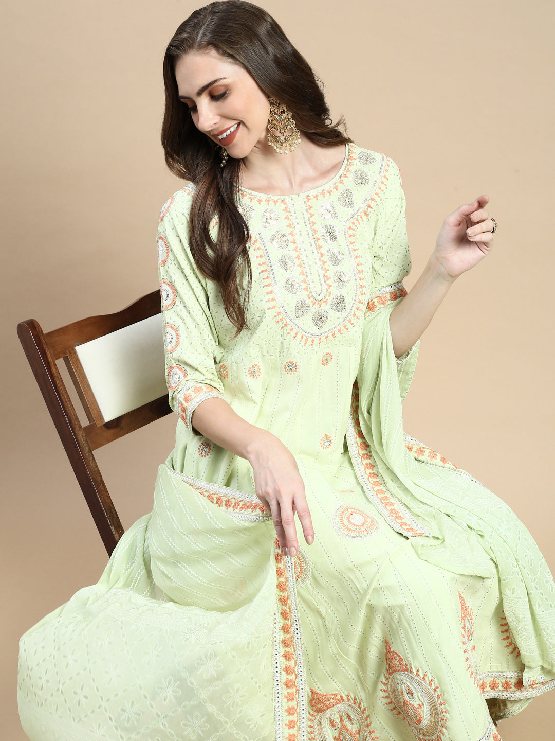 Women Ethnic Motifs Green Anarkali Kurta Set with Dupatta and Potli Bag