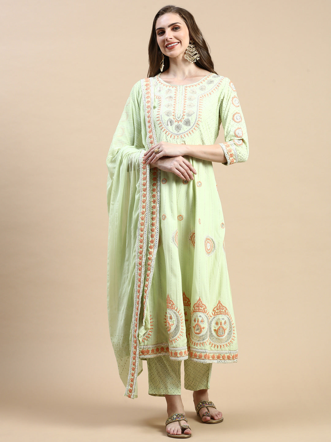 Women Ethnic Motifs Green Anarkali Kurta Set with Dupatta and Potli Bag