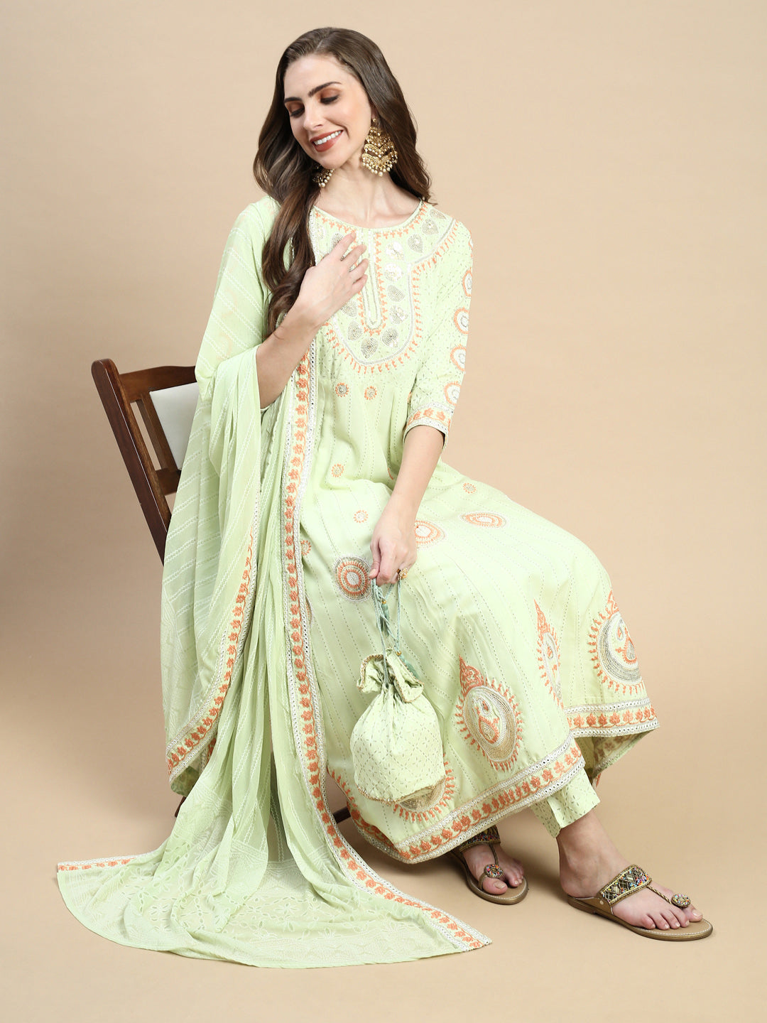 Women Ethnic Motifs Green Anarkali Kurta Set with Dupatta and Potli Bag