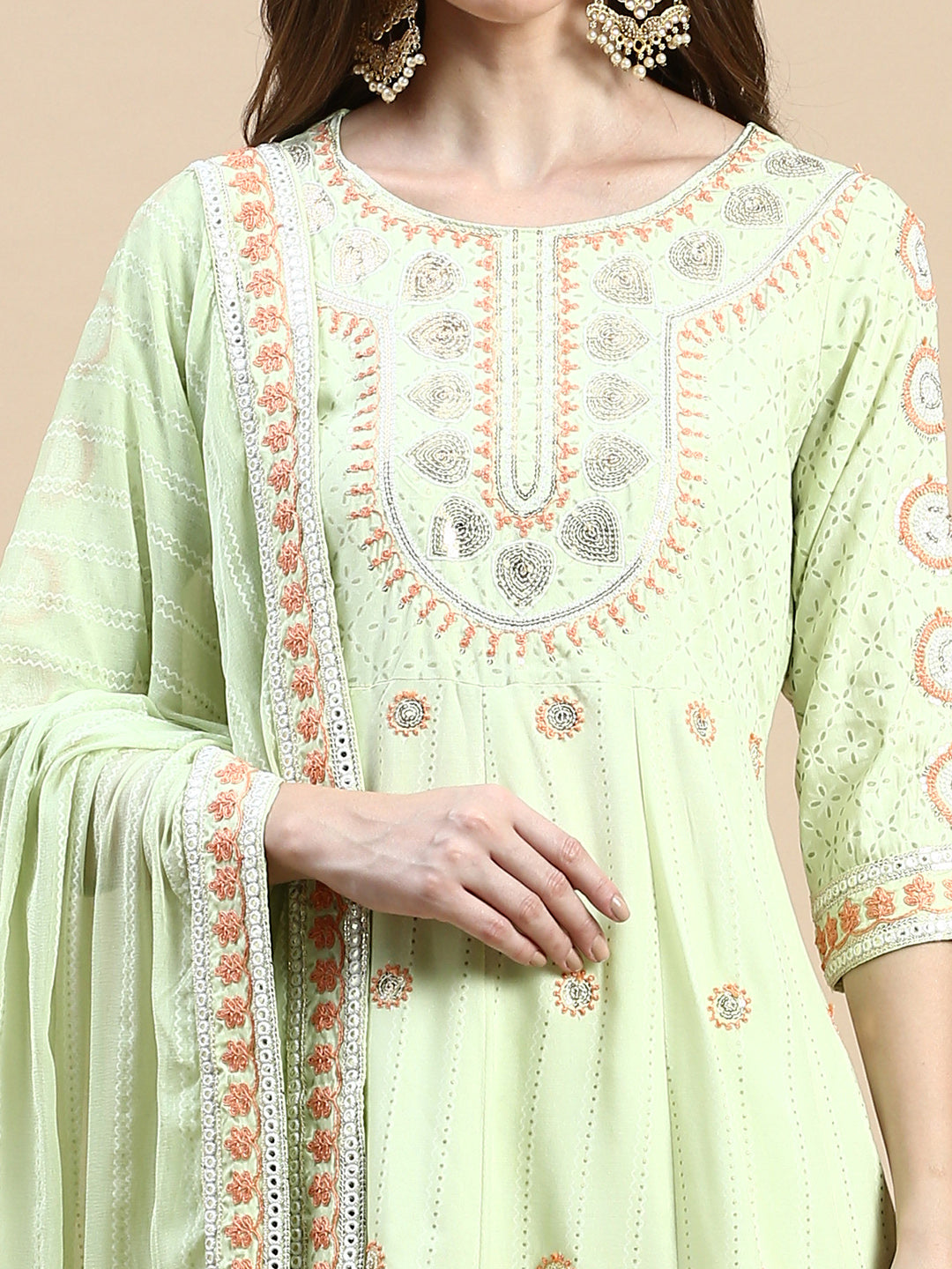 Women Ethnic Motifs Green Anarkali Kurta Set with Dupatta and Potli Bag