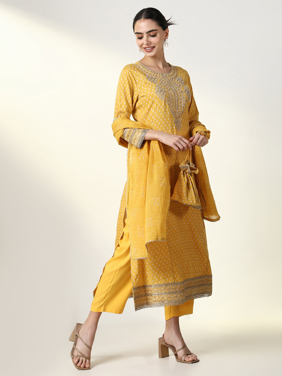 Women Printed Yellow Kurta Set with Dupatta and Potli Bag