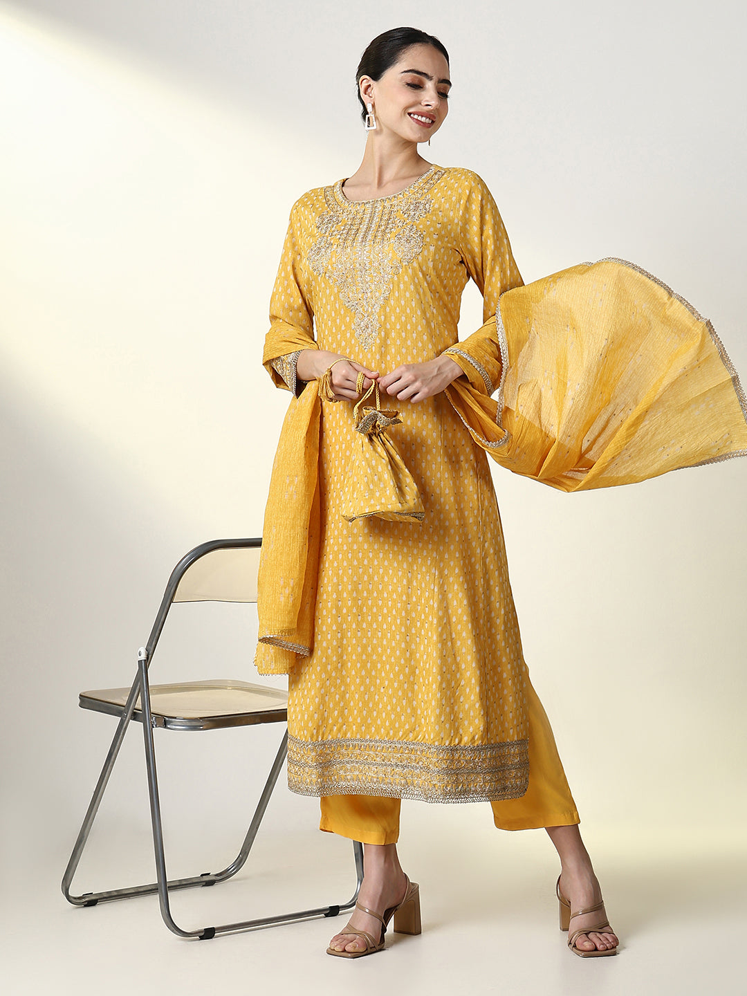 Women Printed Yellow Kurta Set with Dupatta and Potli Bag