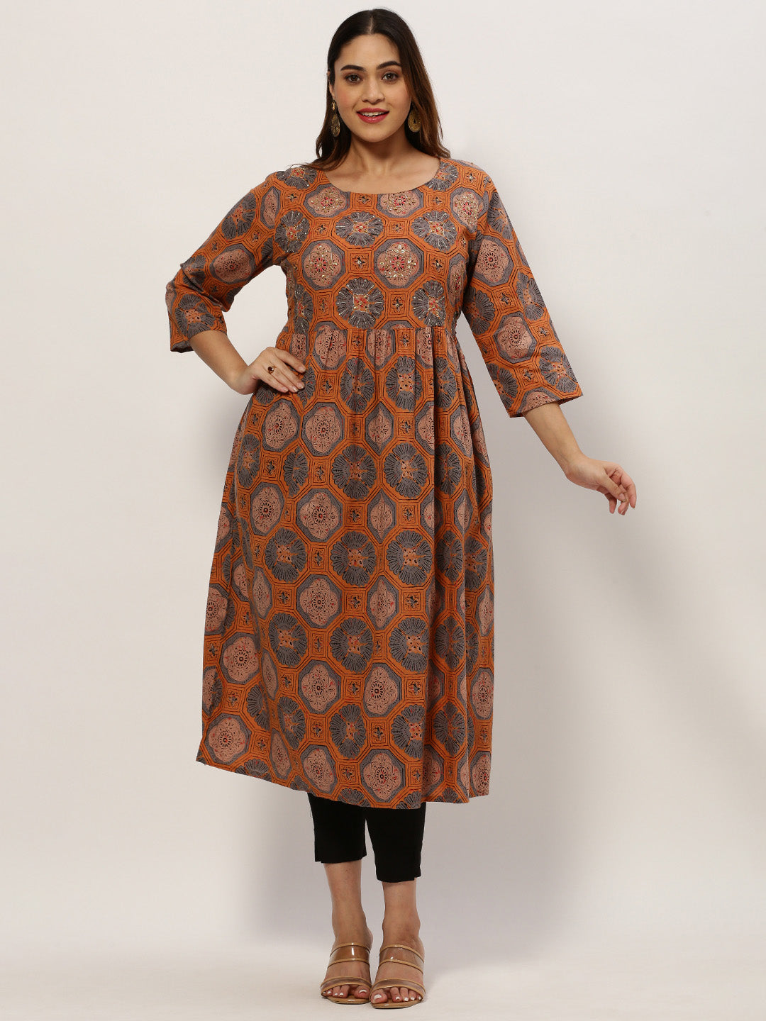 Women Straight Rust Ethnic Motifs Kurta