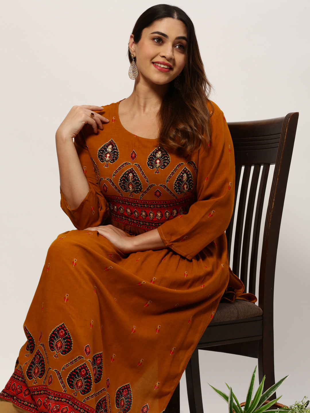 Women Straight Mustard Ethnic Motifs Kurta