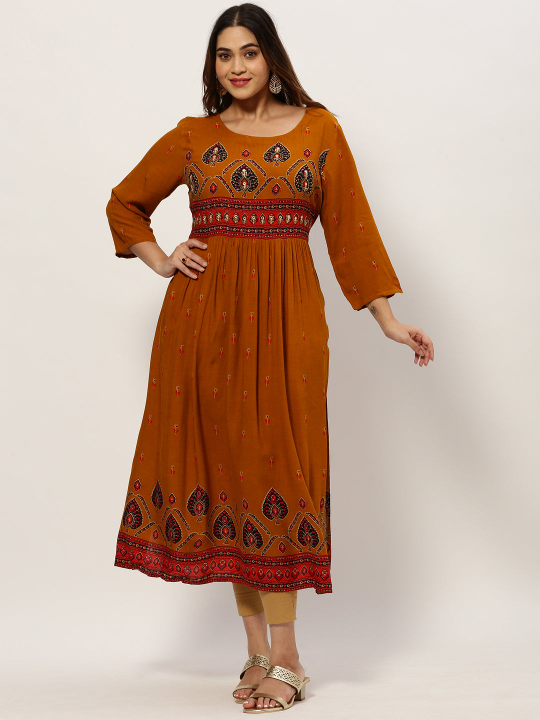 Women Straight Mustard Ethnic Motifs Kurta