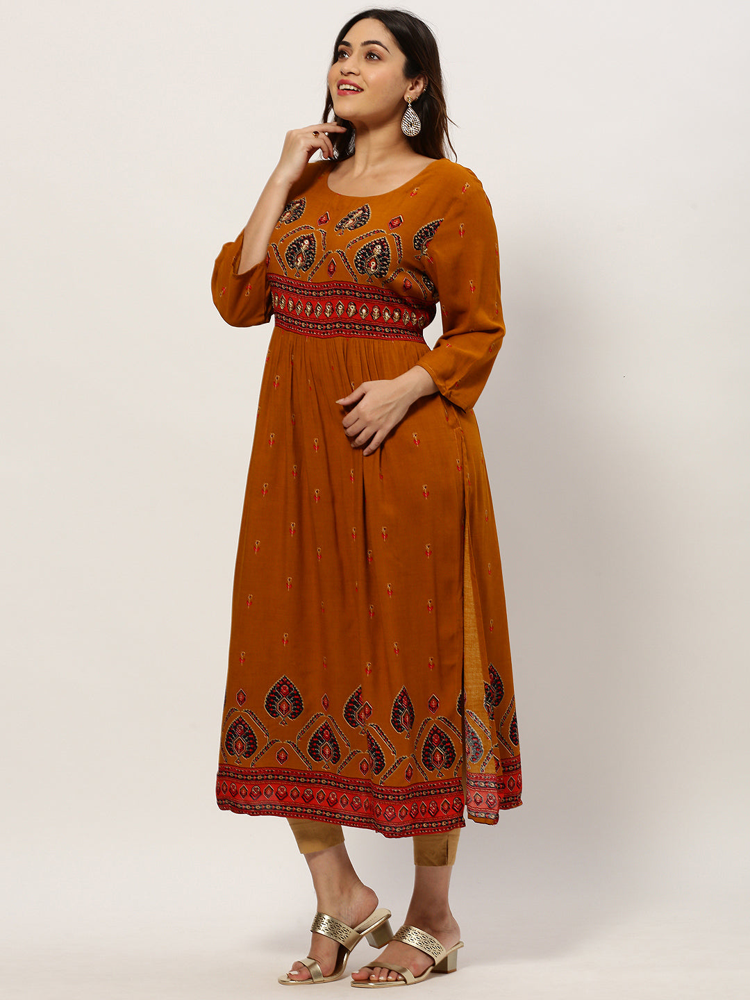 Women Straight Mustard Ethnic Motifs Kurta