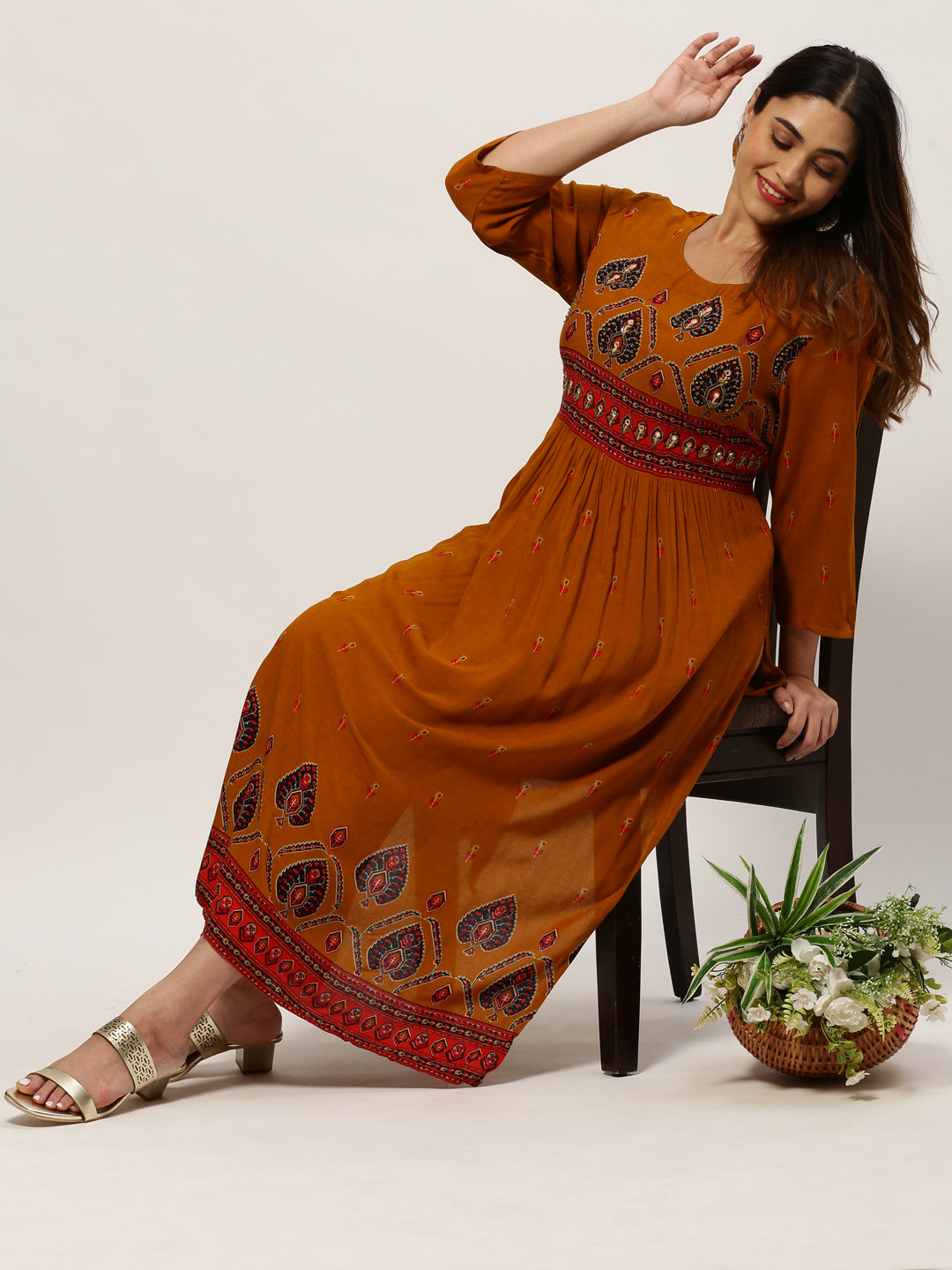 Women Straight Mustard Ethnic Motifs Kurta